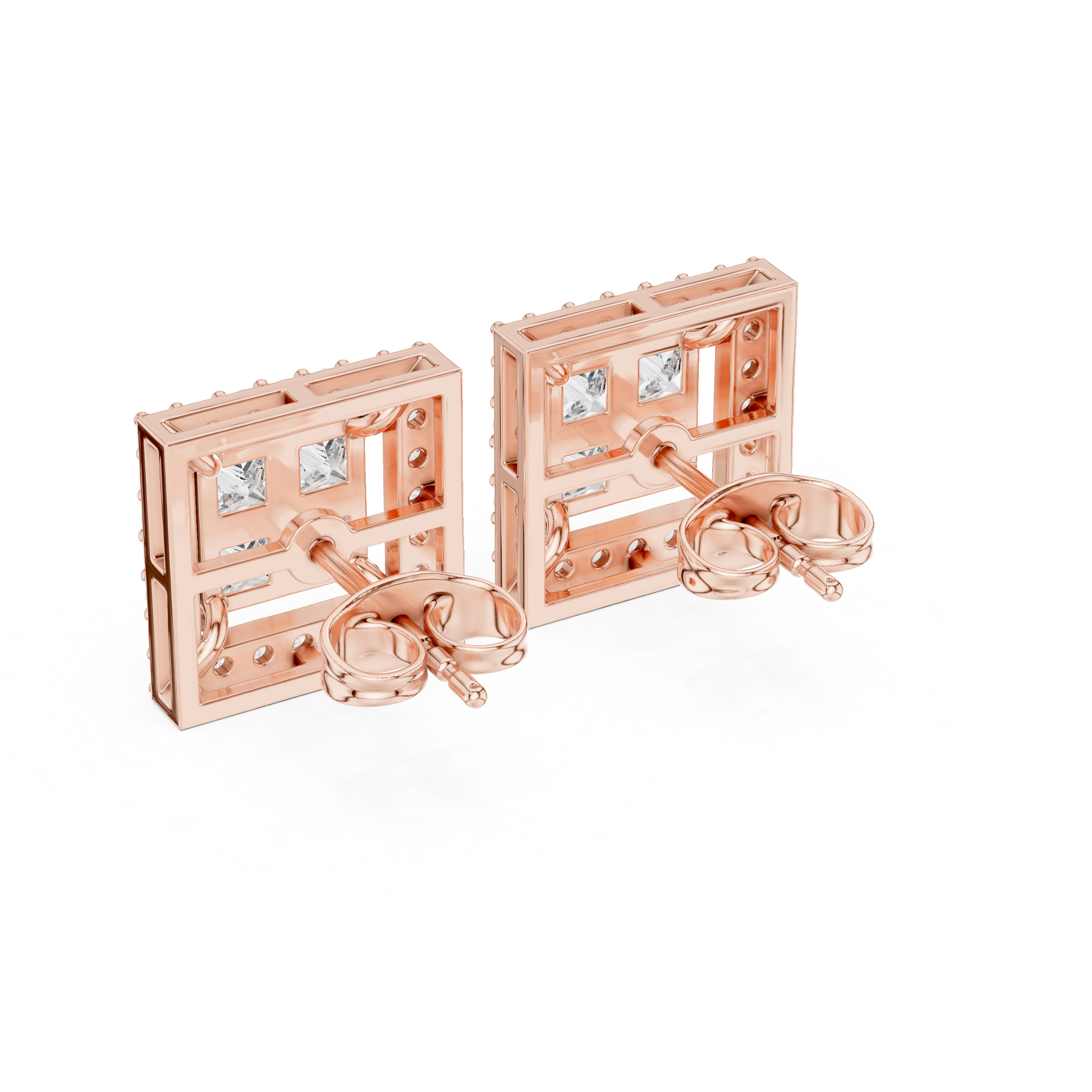 Square Halo Diamond Stud Earrings – Princess Cut Cluster with Pave Frame
