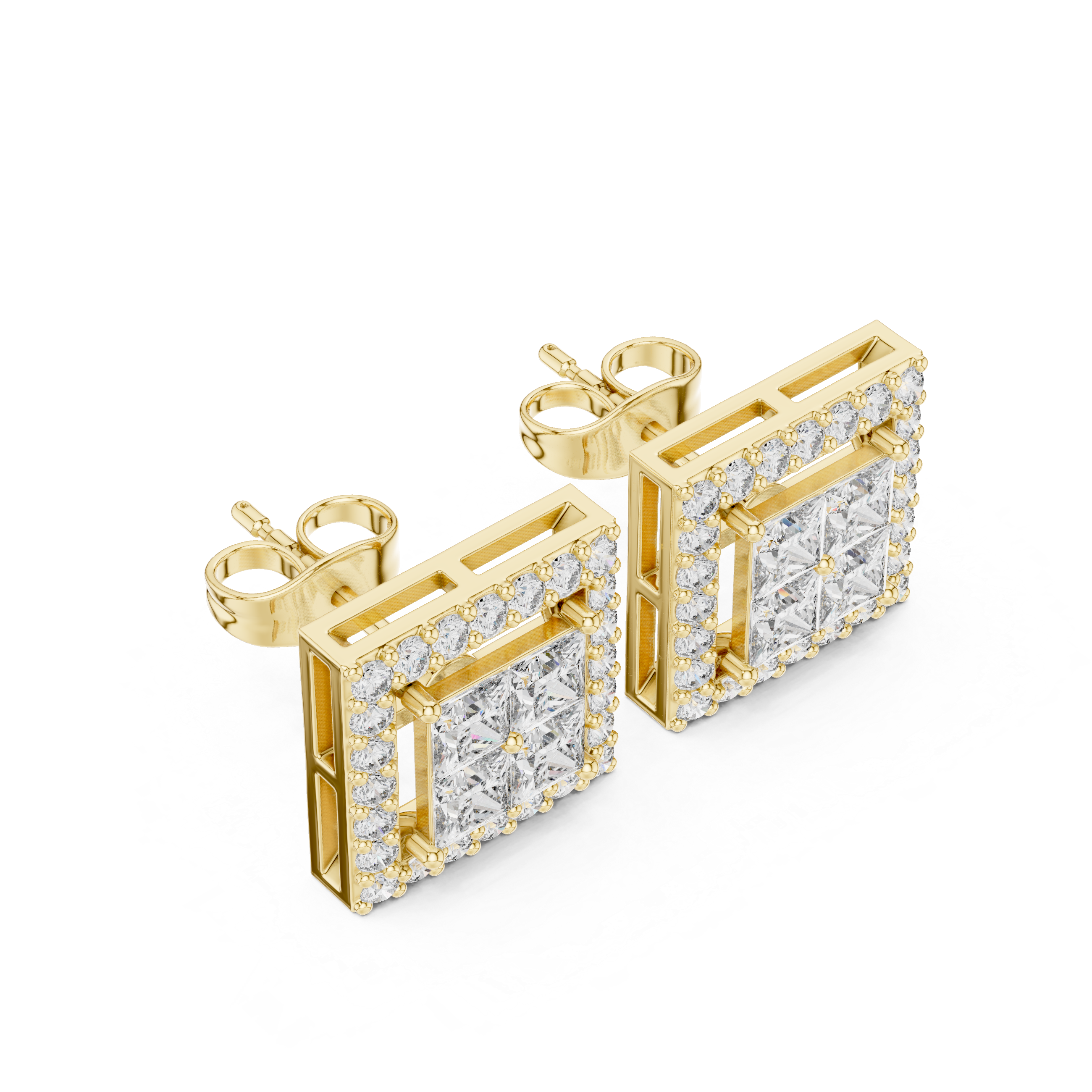 Square Halo Diamond Stud Earrings – Princess Cut Cluster with Pave Frame