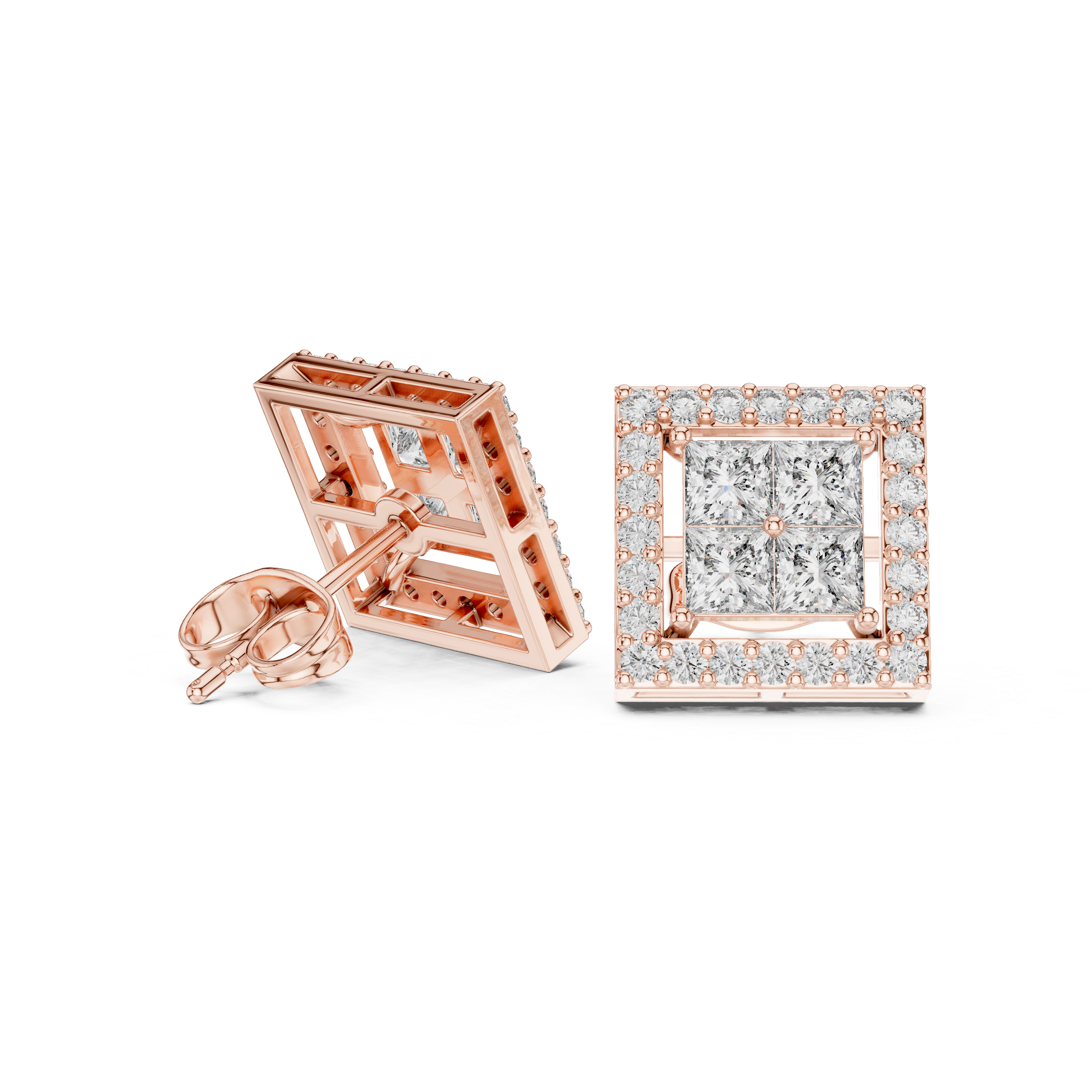Square Halo Diamond Stud Earrings – Princess Cut Cluster with Pave Frame