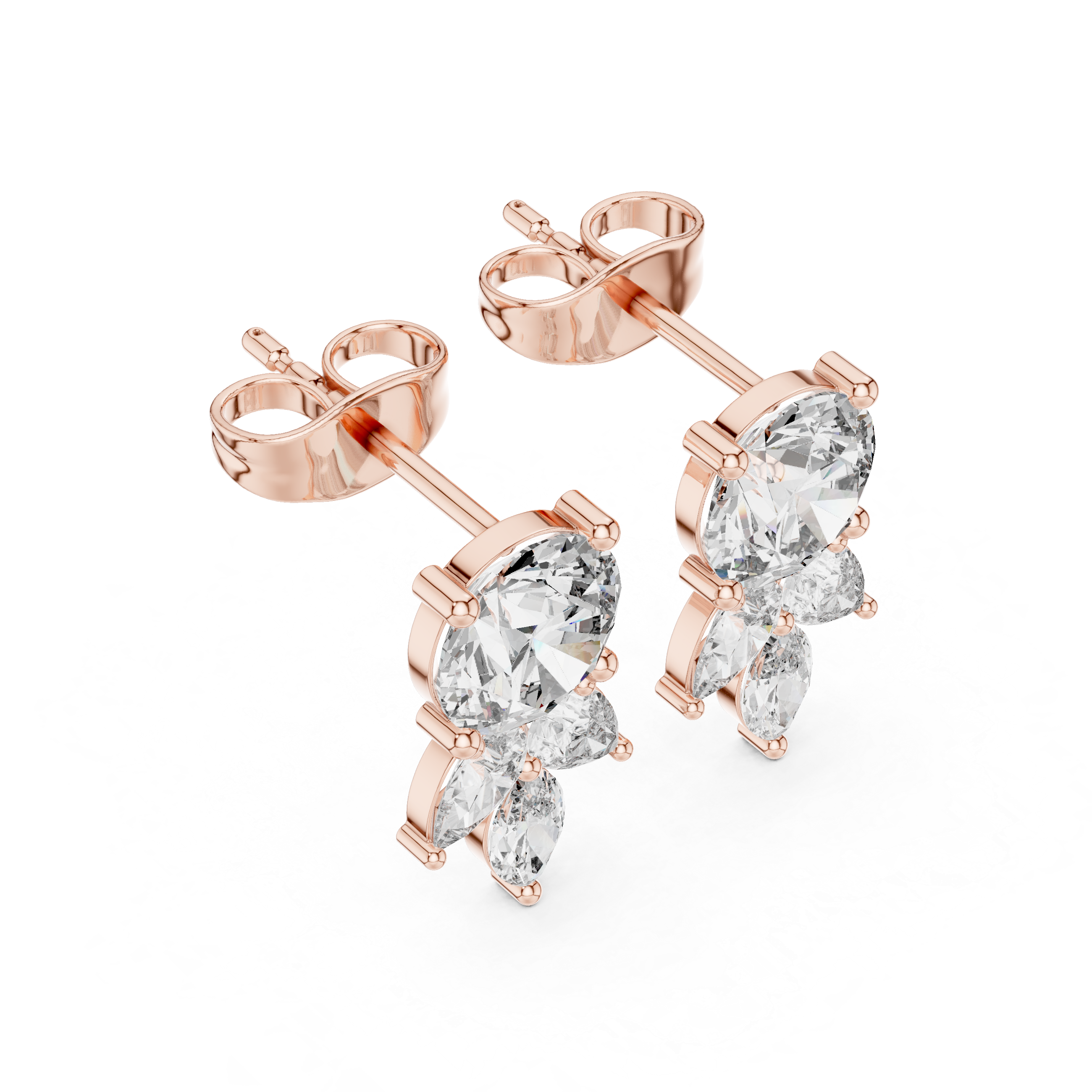 Elegant Drop Diamond Stud Earrings – Round & Marquise Cluster Design