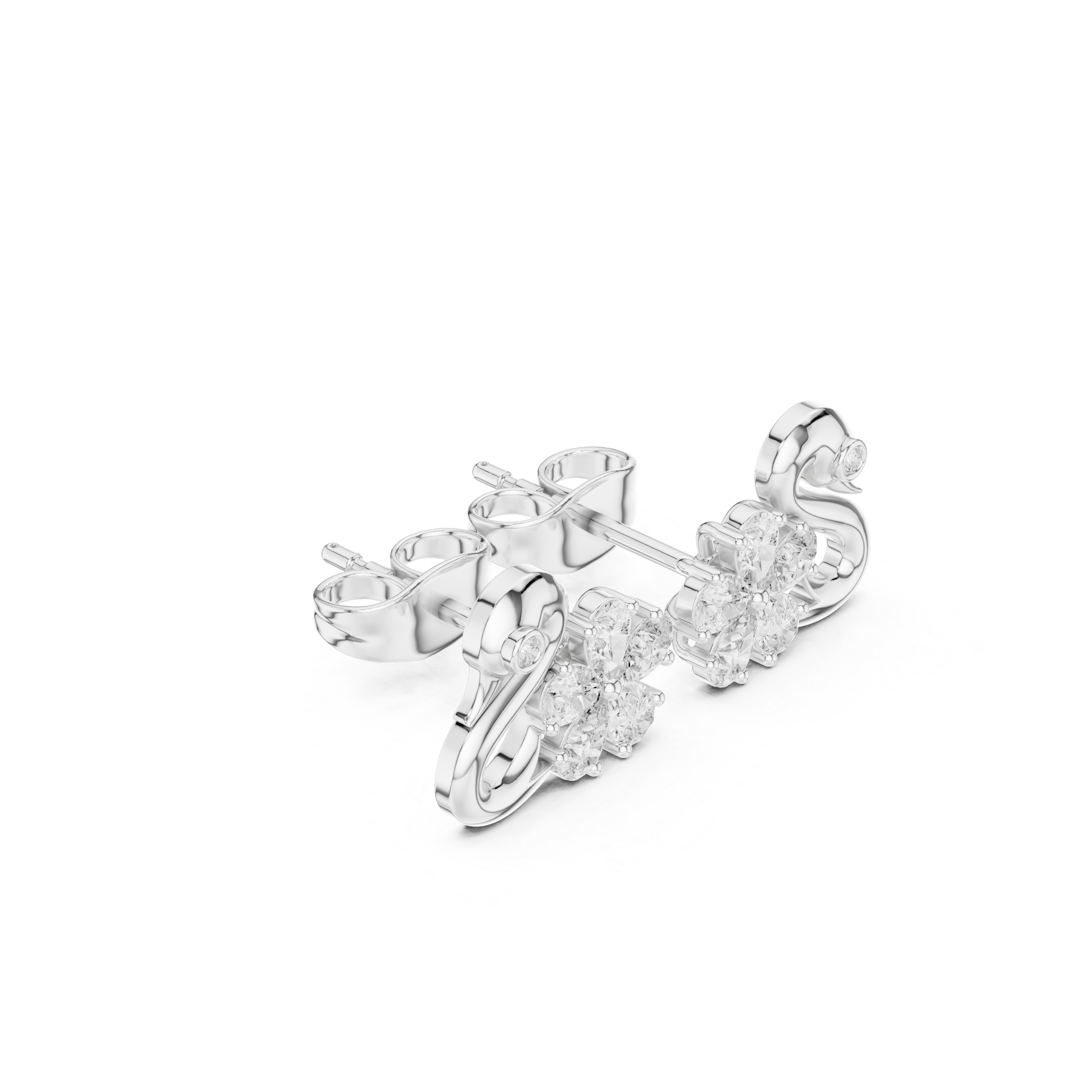 Swan Motif Diamond Flower Stud Earrings