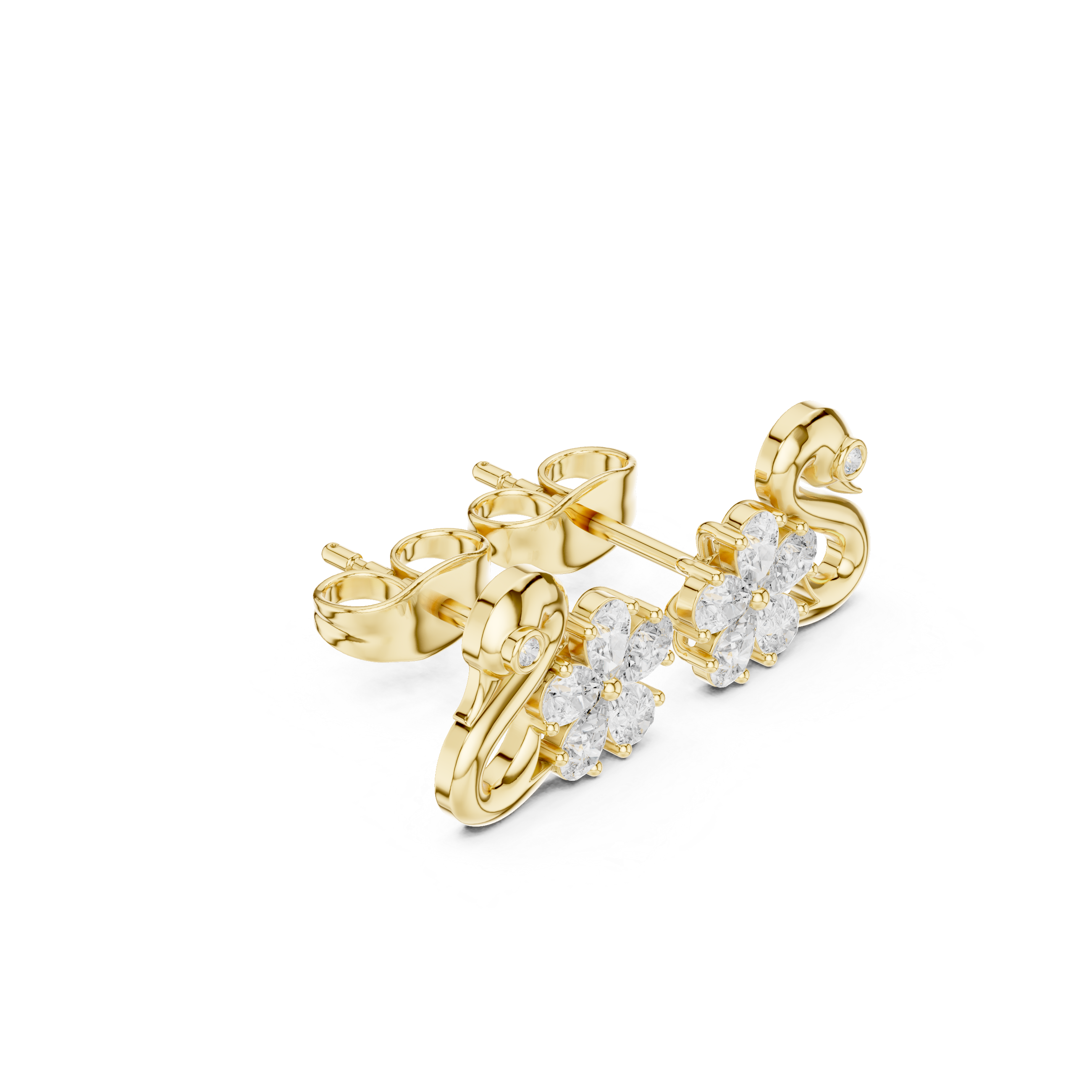 Swan Motif Diamond Flower Stud Earrings