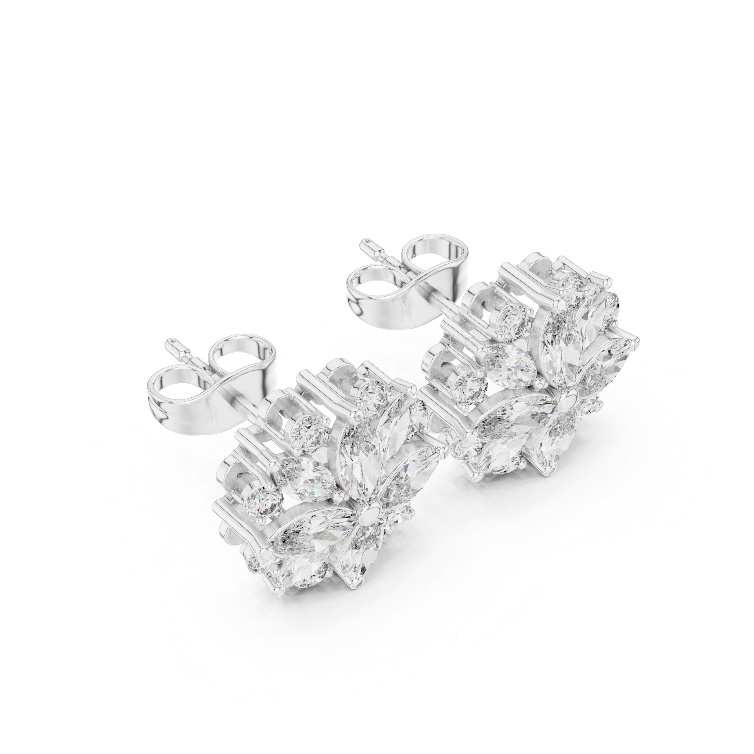 Elegant Floral Diamond Stud Earrings – Marquise & Round Cluster Design