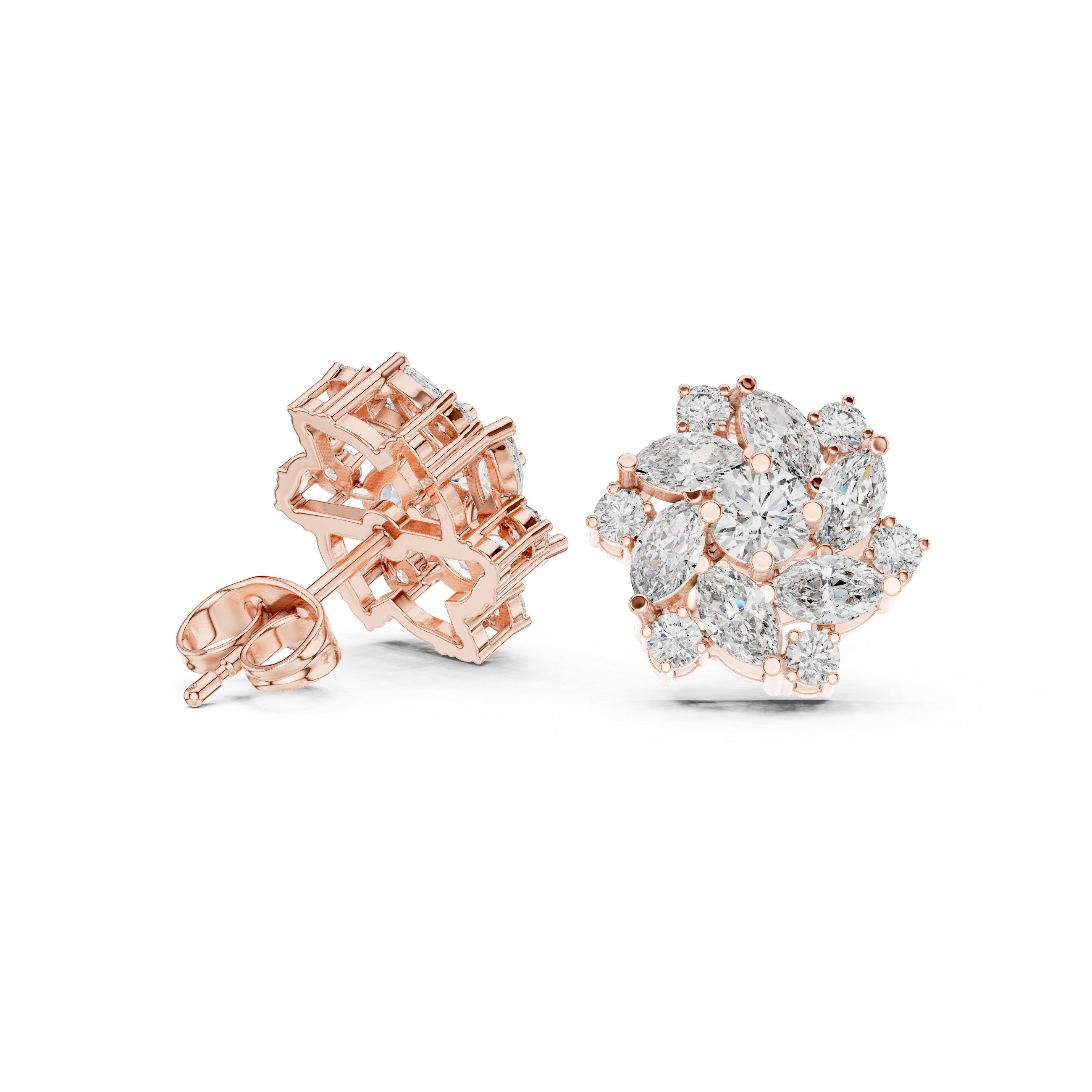 Luxury Floral Diamond Stud Earrings – Marquise Cluster Halo Design