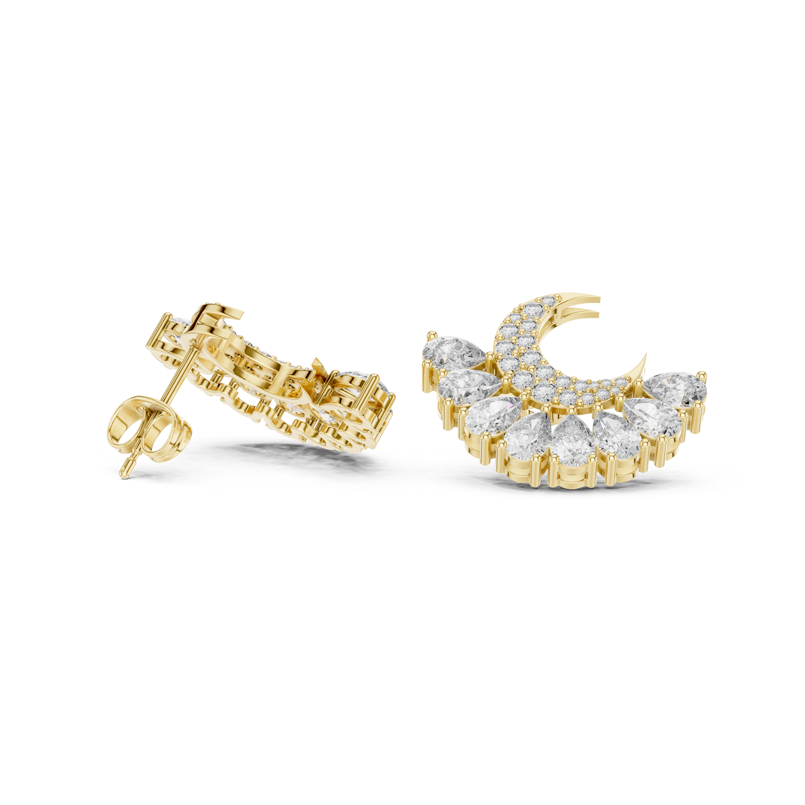 Crescent Moon Diamond Earrings – Pear Drop Cluster with Pavé Detail