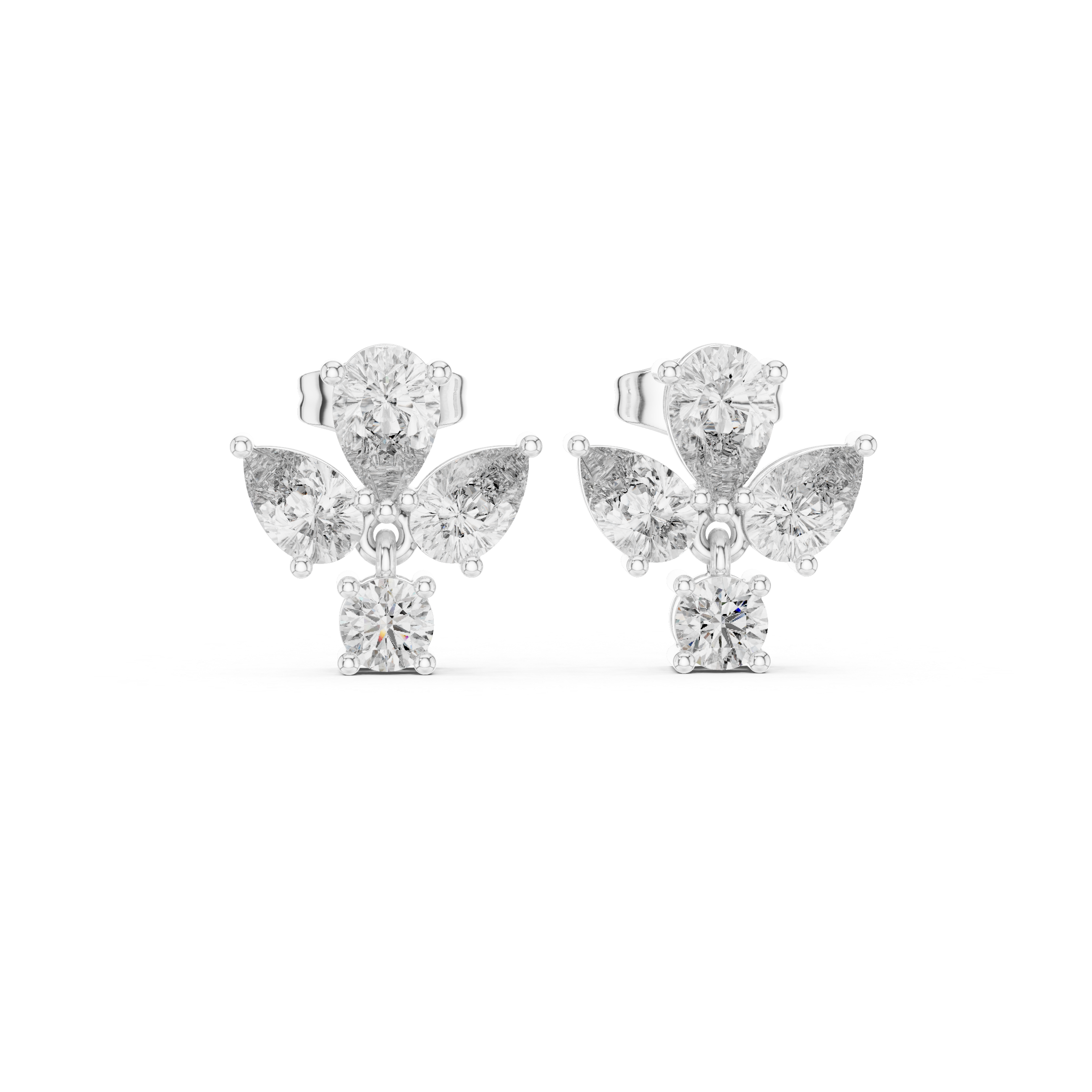 Pear & Round Diamond Drop Stud Earrings – Floral Cluster with Dangle Accent