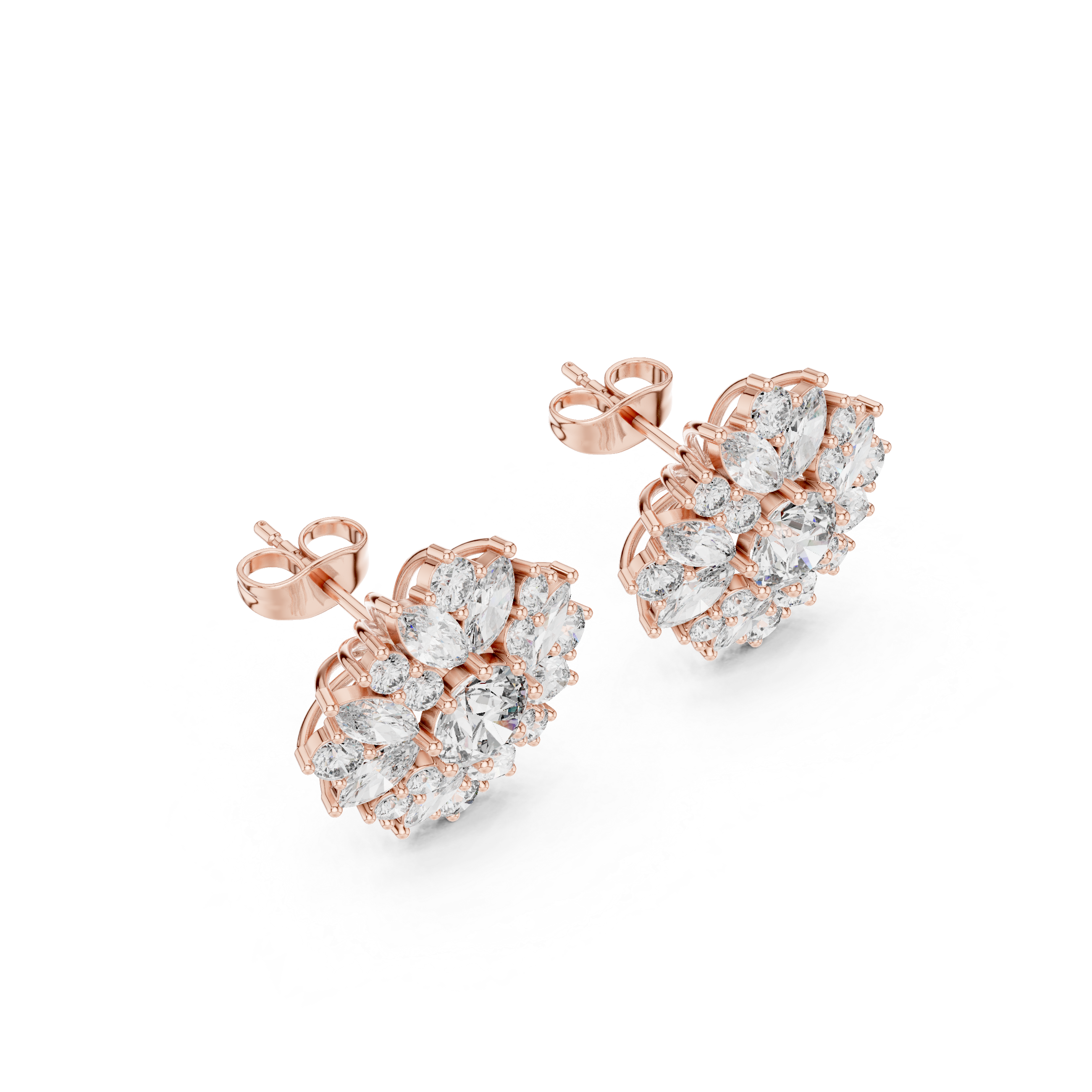 Sunburst Floral Diamond Stud Earrings with Multi-Cut Halo