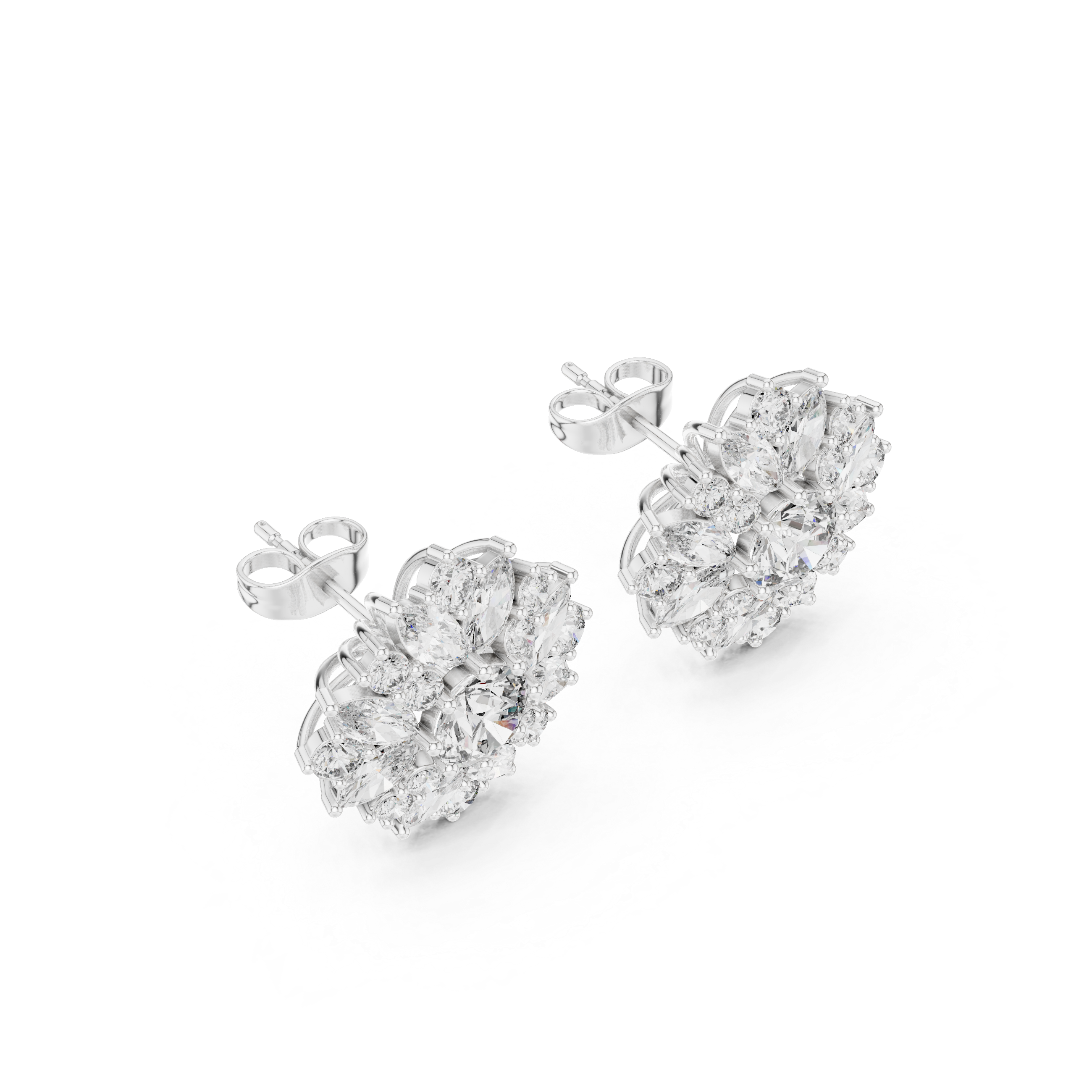 Sunburst Floral Diamond Stud Earrings with Multi-Cut Halo