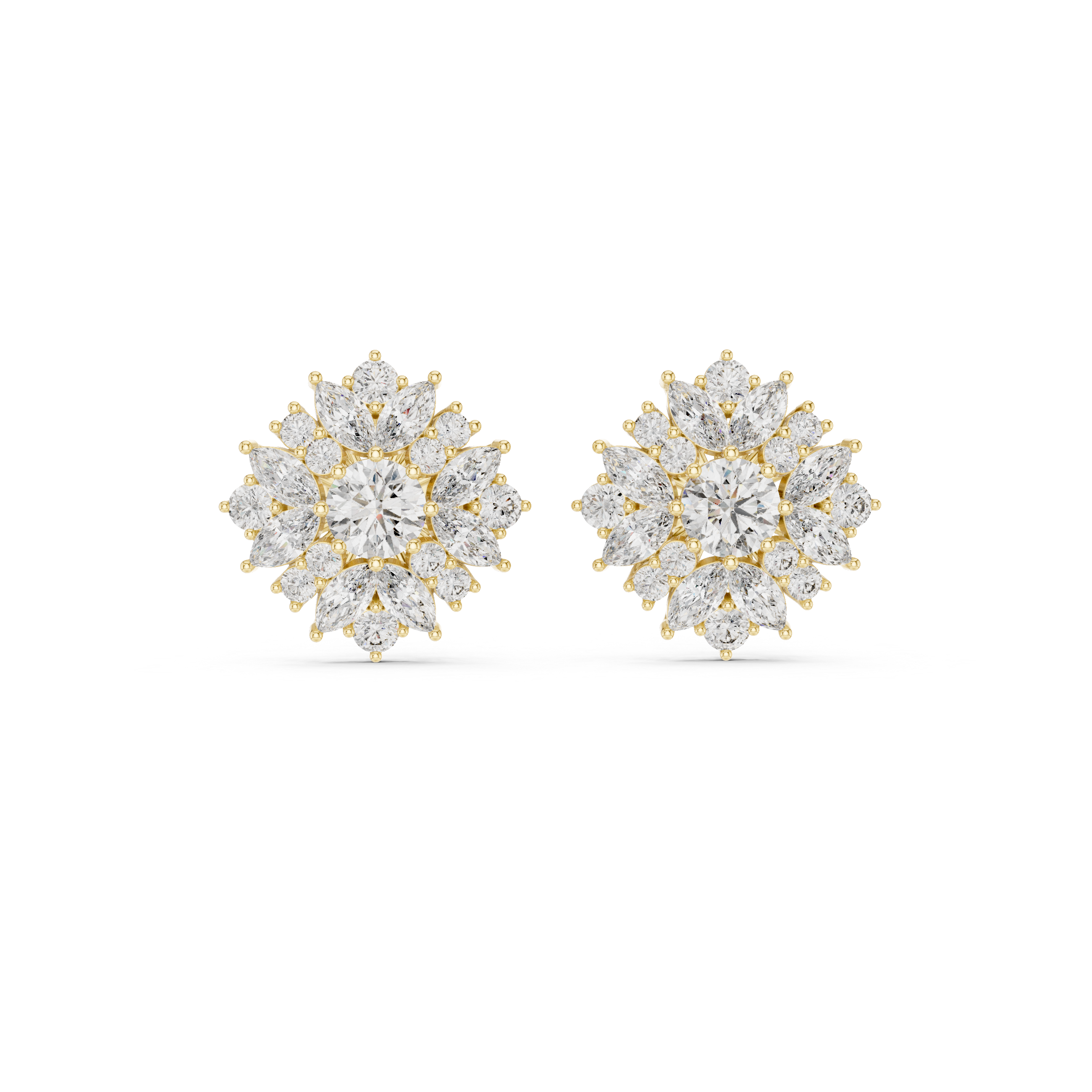 Sunburst Floral Diamond Stud Earrings with Multi-Cut Halo