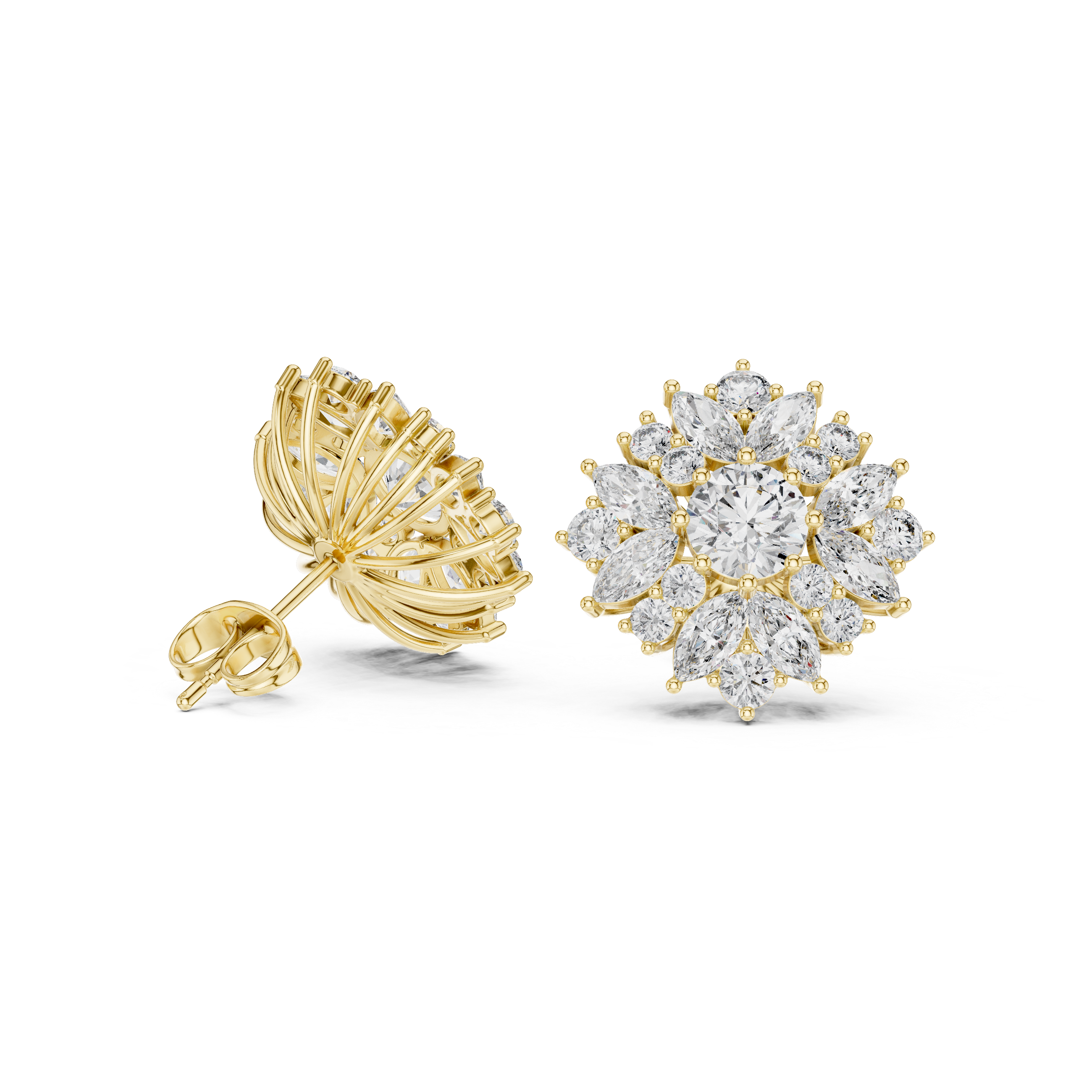 Sunburst Floral Diamond Stud Earrings with Multi-Cut Halo