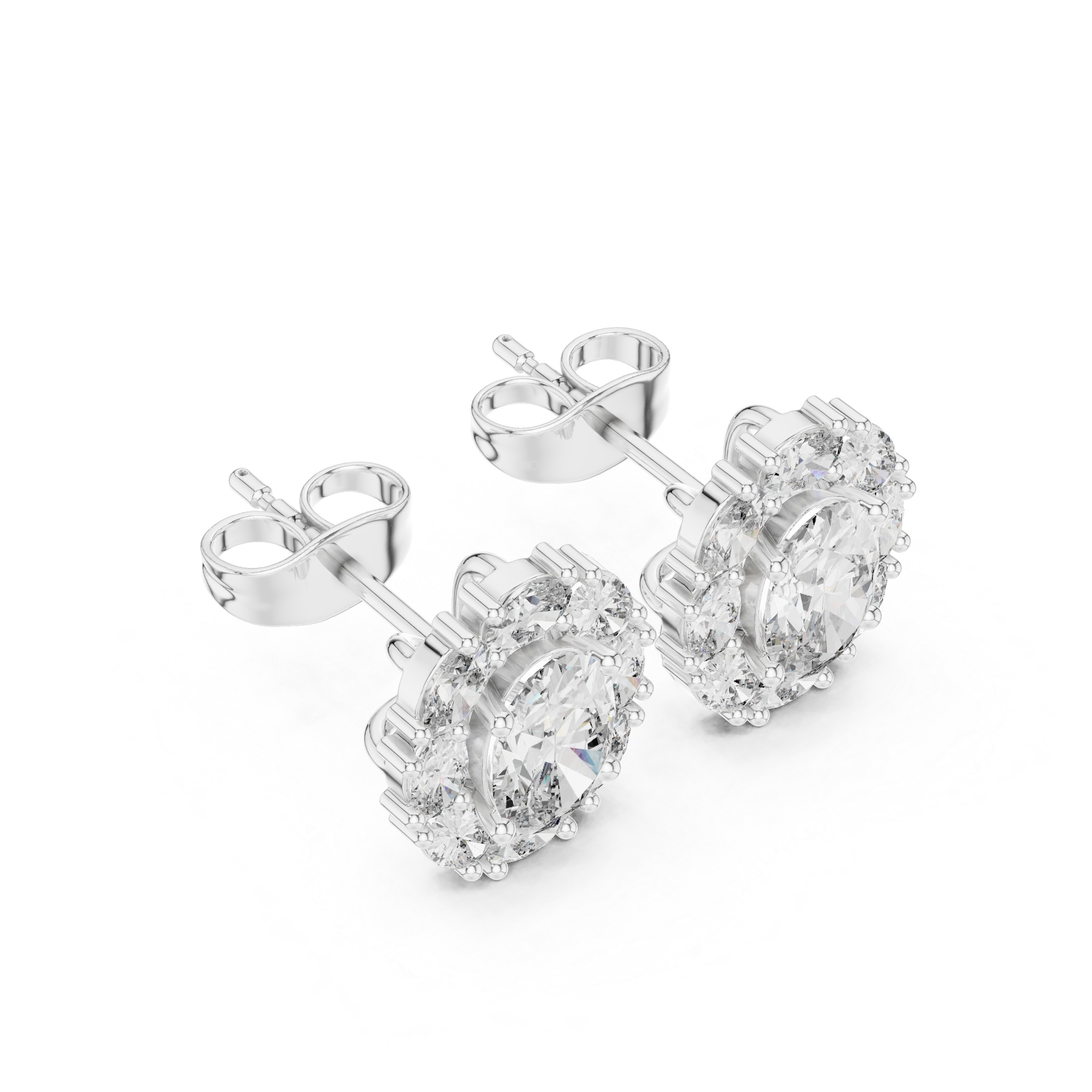 Oval Halo Diamond Stud Earrings with Classic Cluster Setting