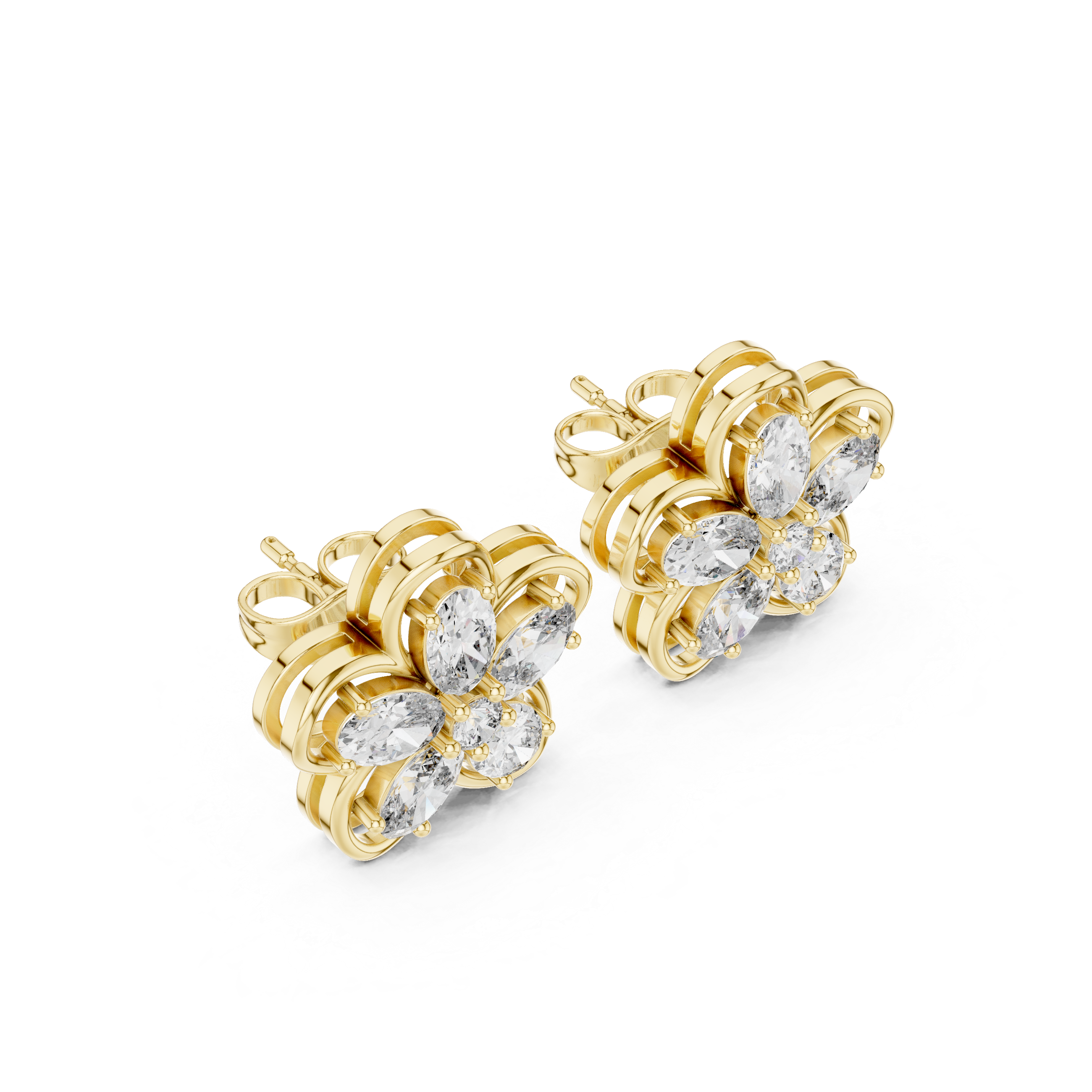 Oval Petal Floral Diamond Stud Earrings in Gold
