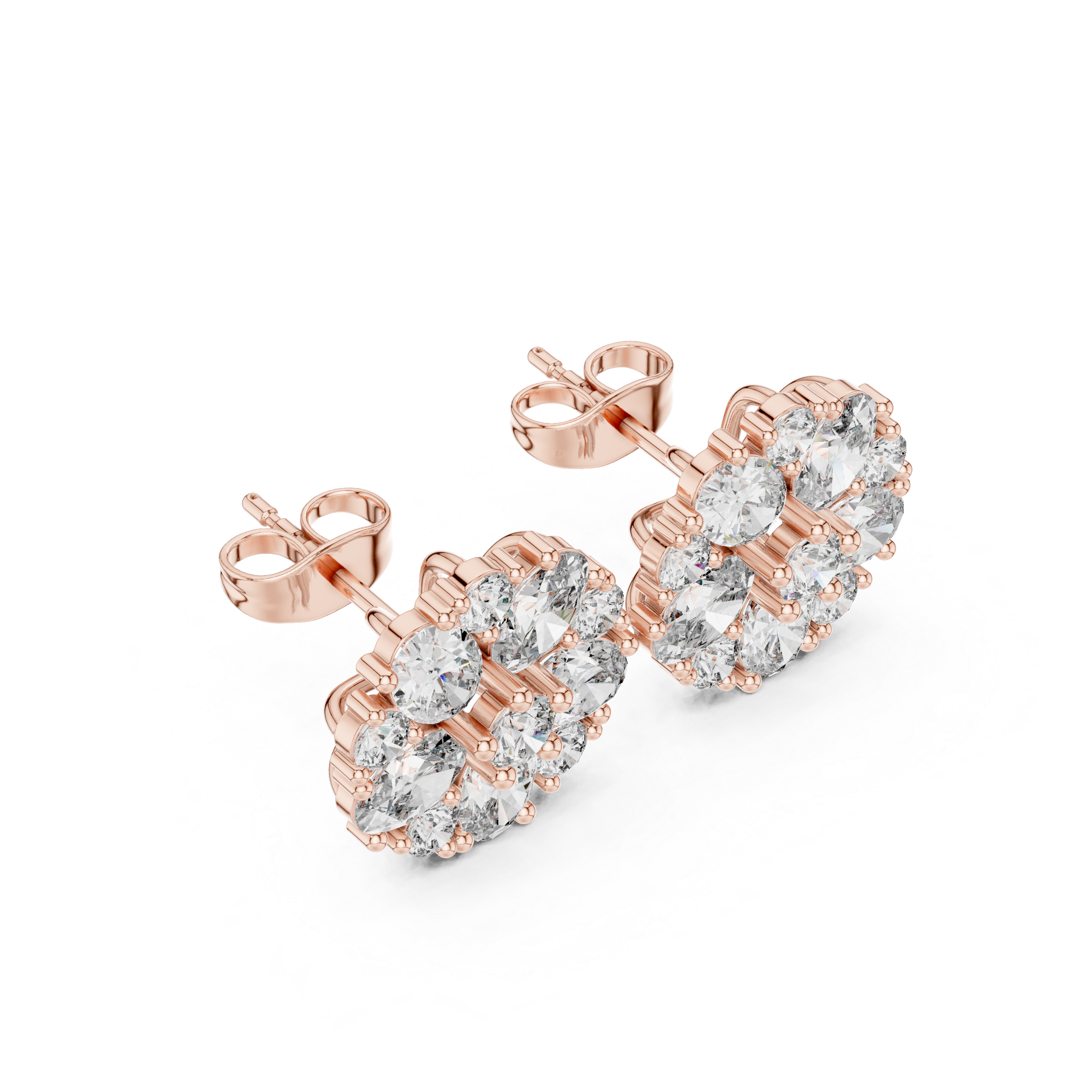 Floral Cluster Oval Diamond Stud Earrings in Gold