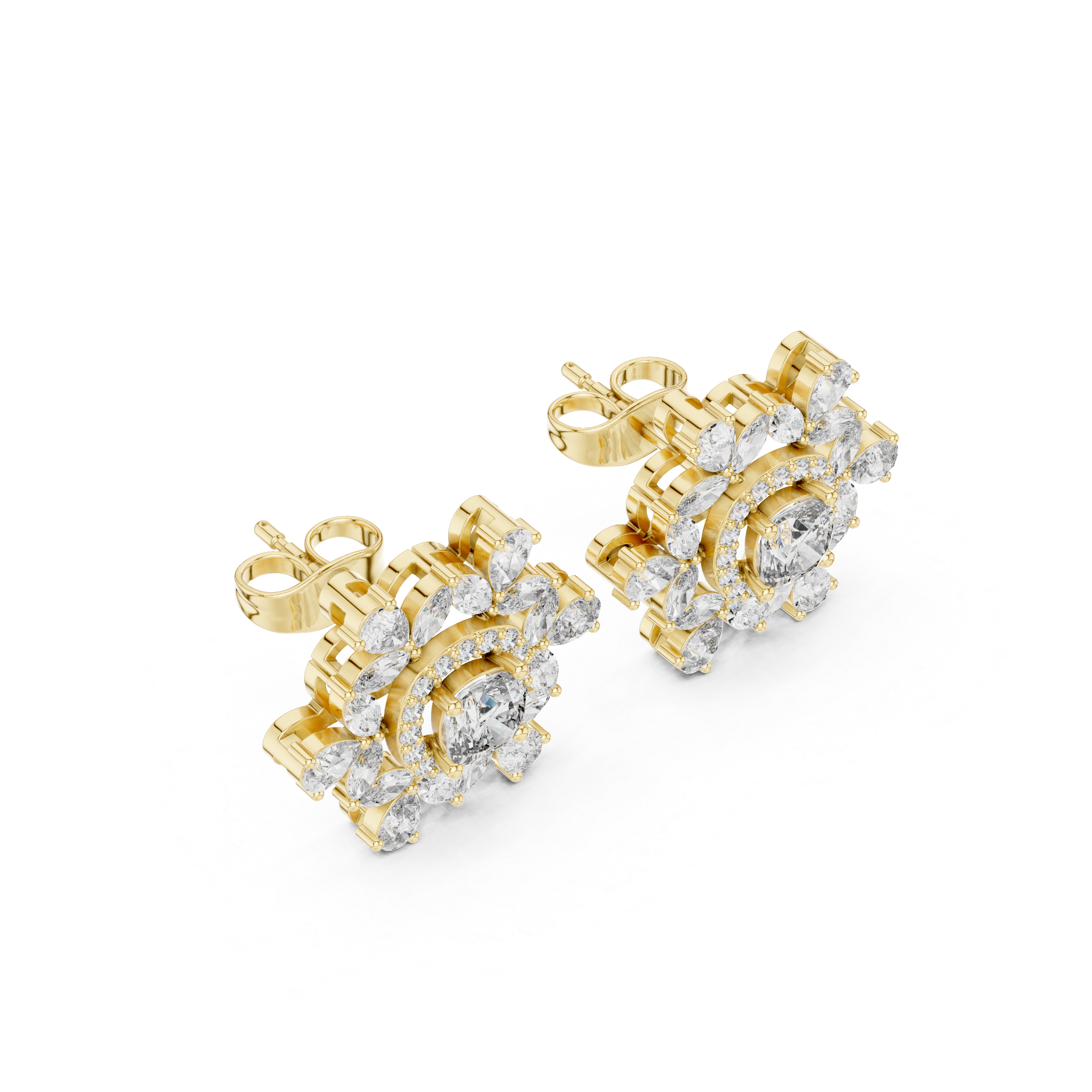 Sunburst Halo Cluster Diamond Stud Earrings in Gold