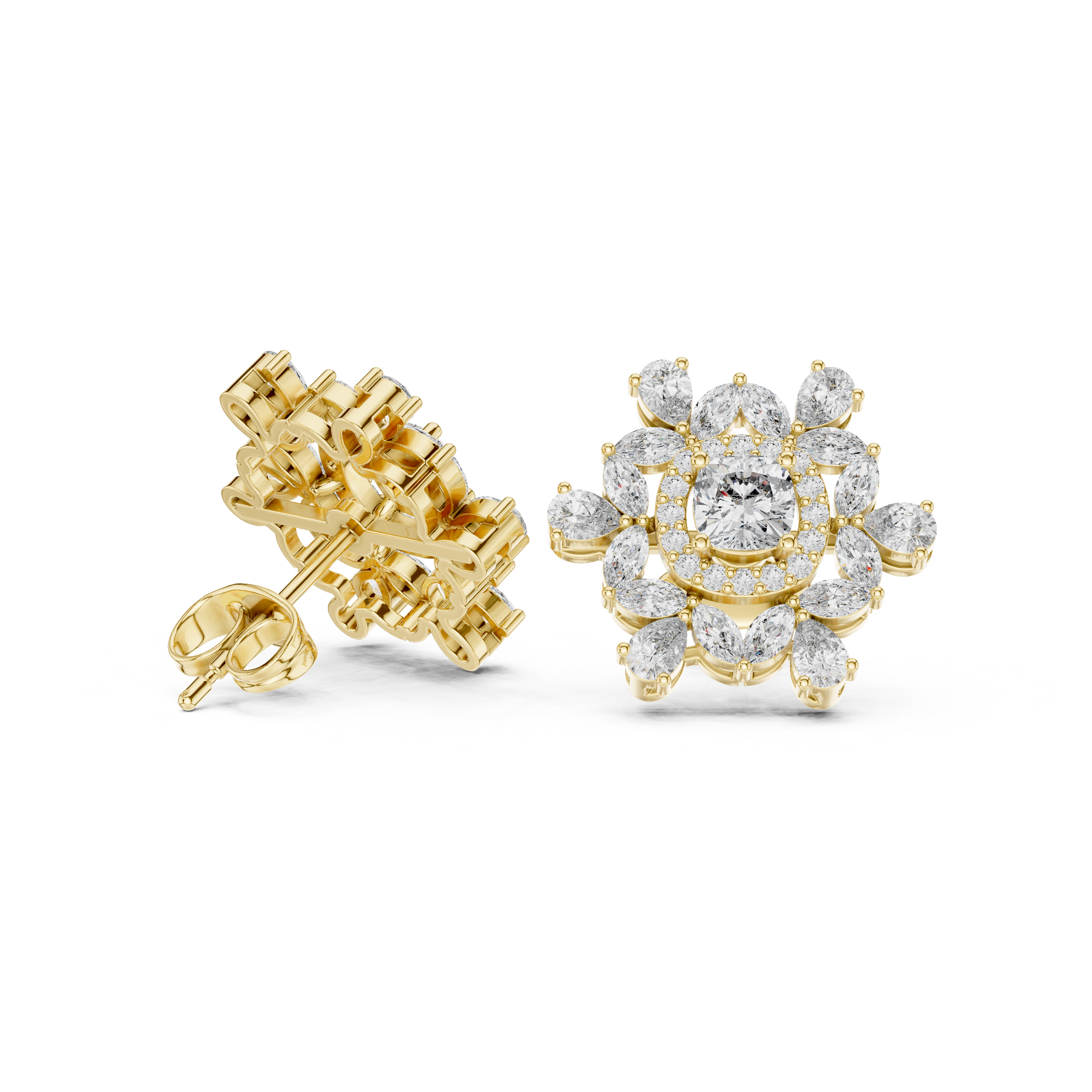 Sunburst Halo Cluster Diamond Stud Earrings in Gold