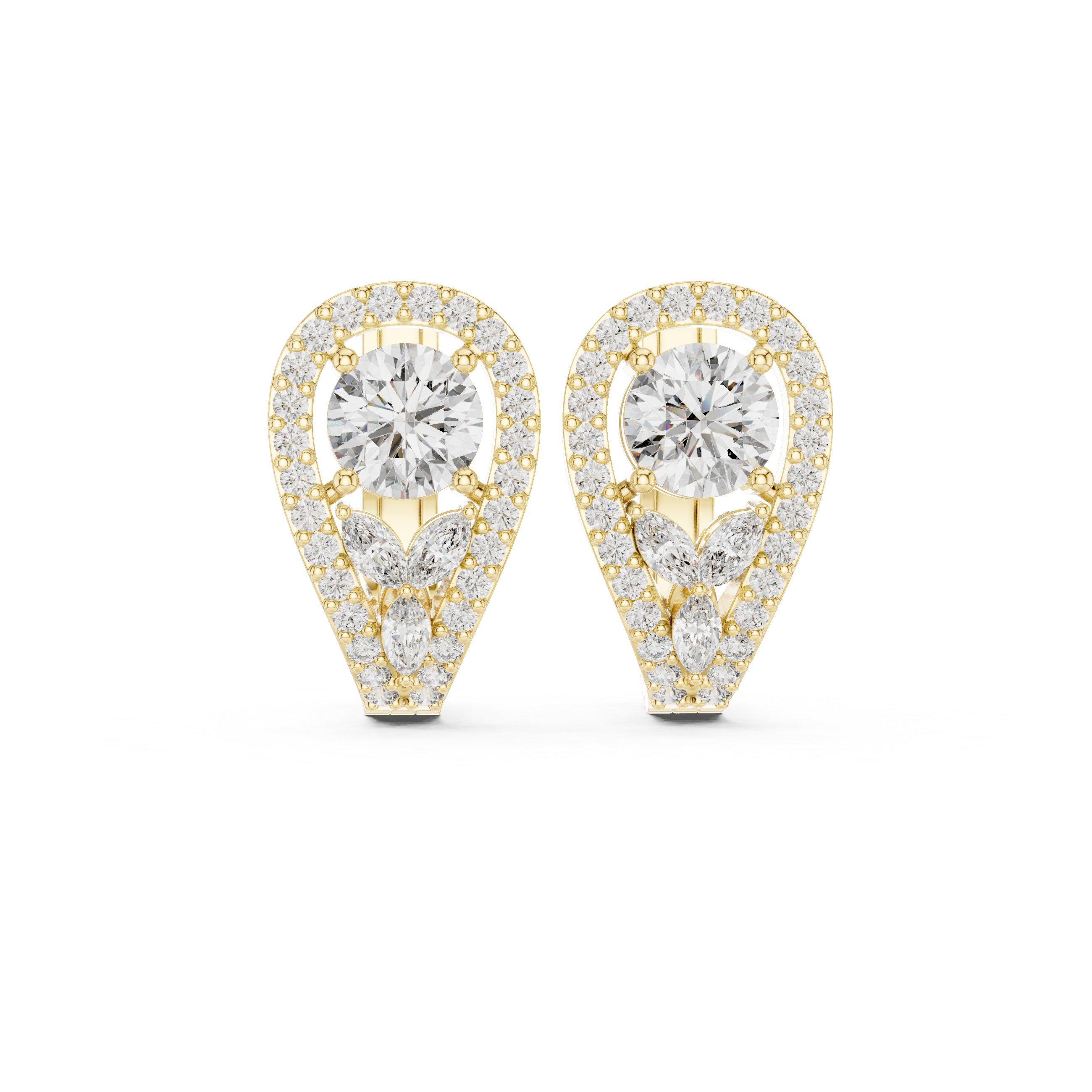 Pear Drop Halo Diamond Stud Earrings with Floral Accent Cluster