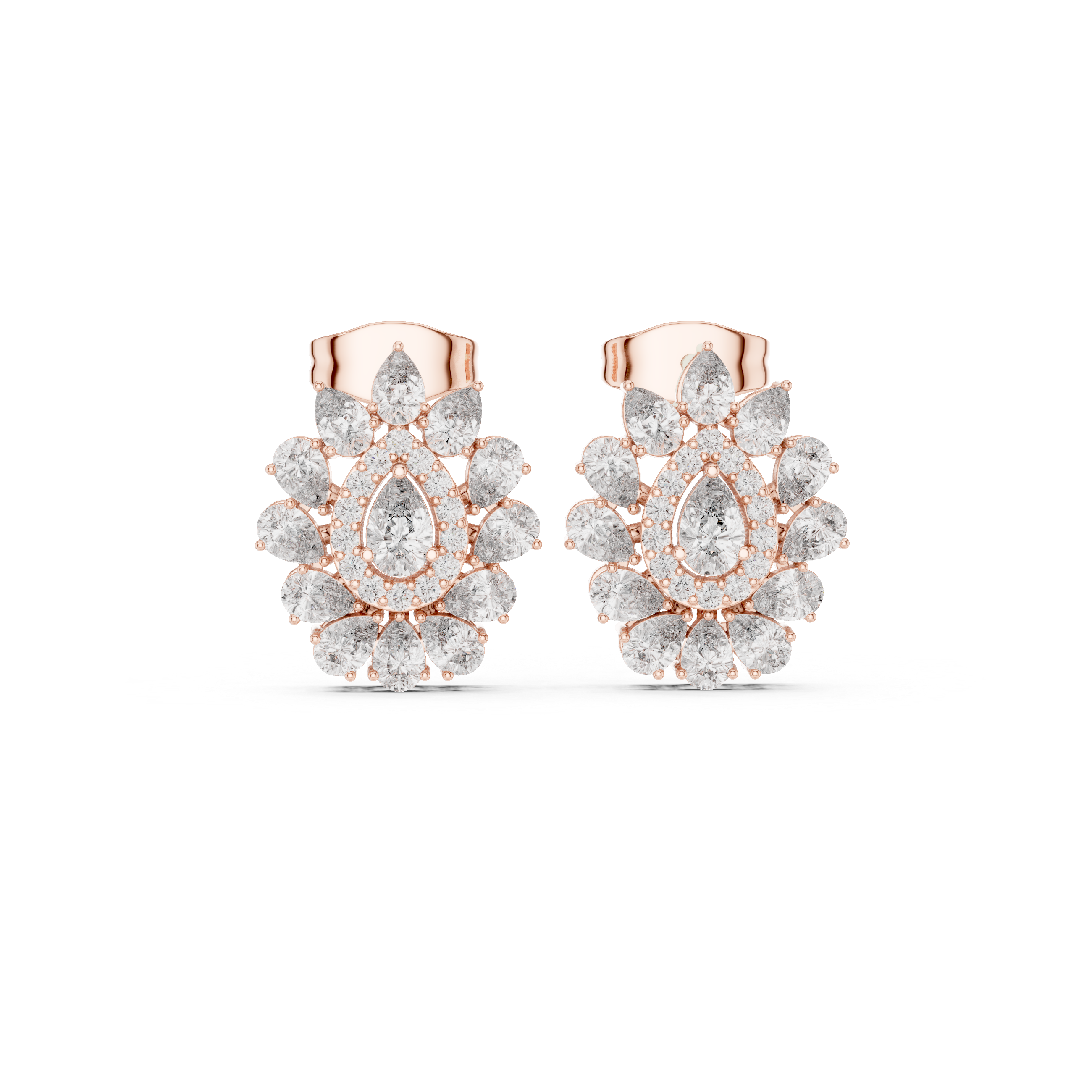 Pear Halo Floral Diamond Stud Earrings with Double Layer Cluster