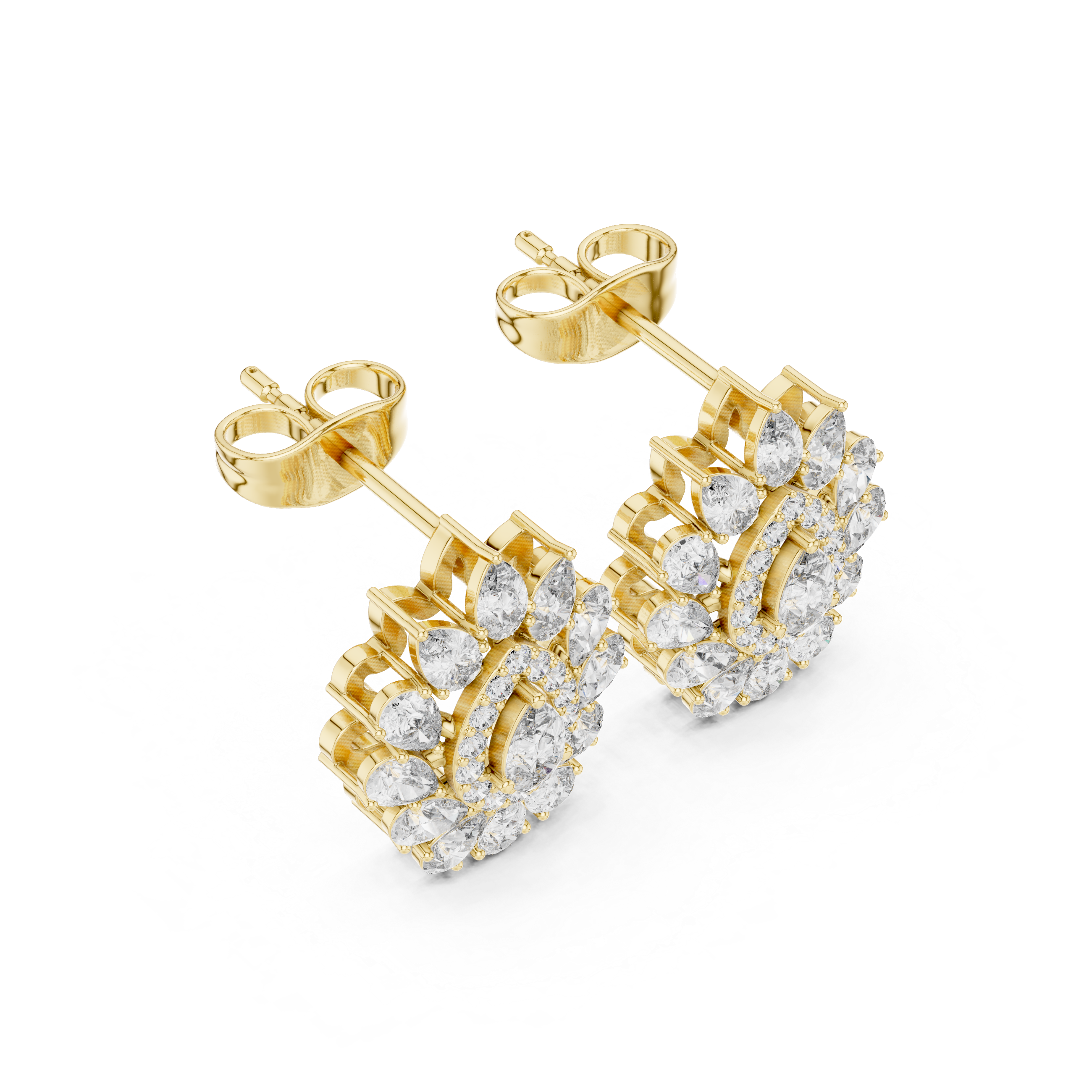 Pear Halo Floral Diamond Stud Earrings with Double Layer Cluster