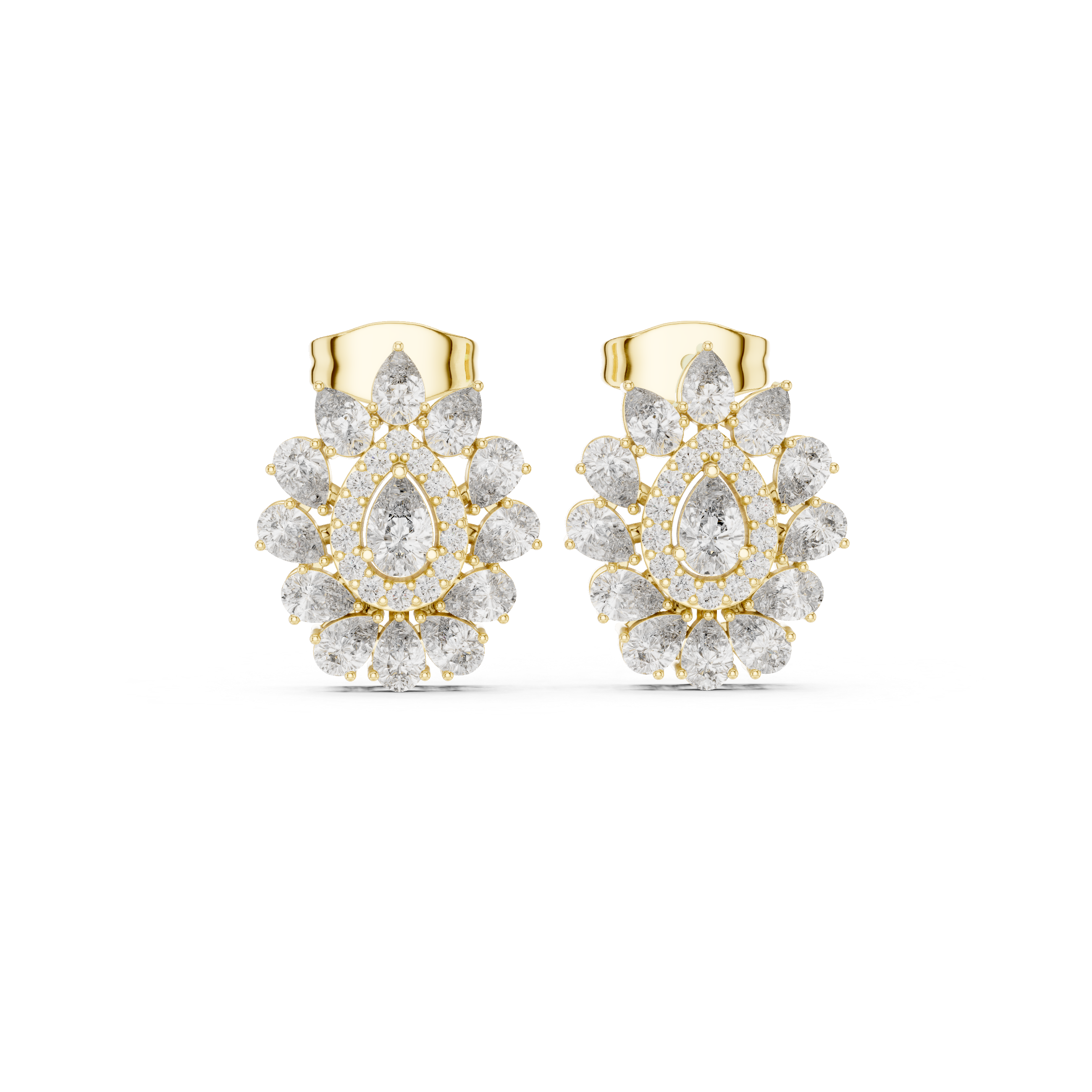 Pear Halo Floral Diamond Stud Earrings with Double Layer Cluster