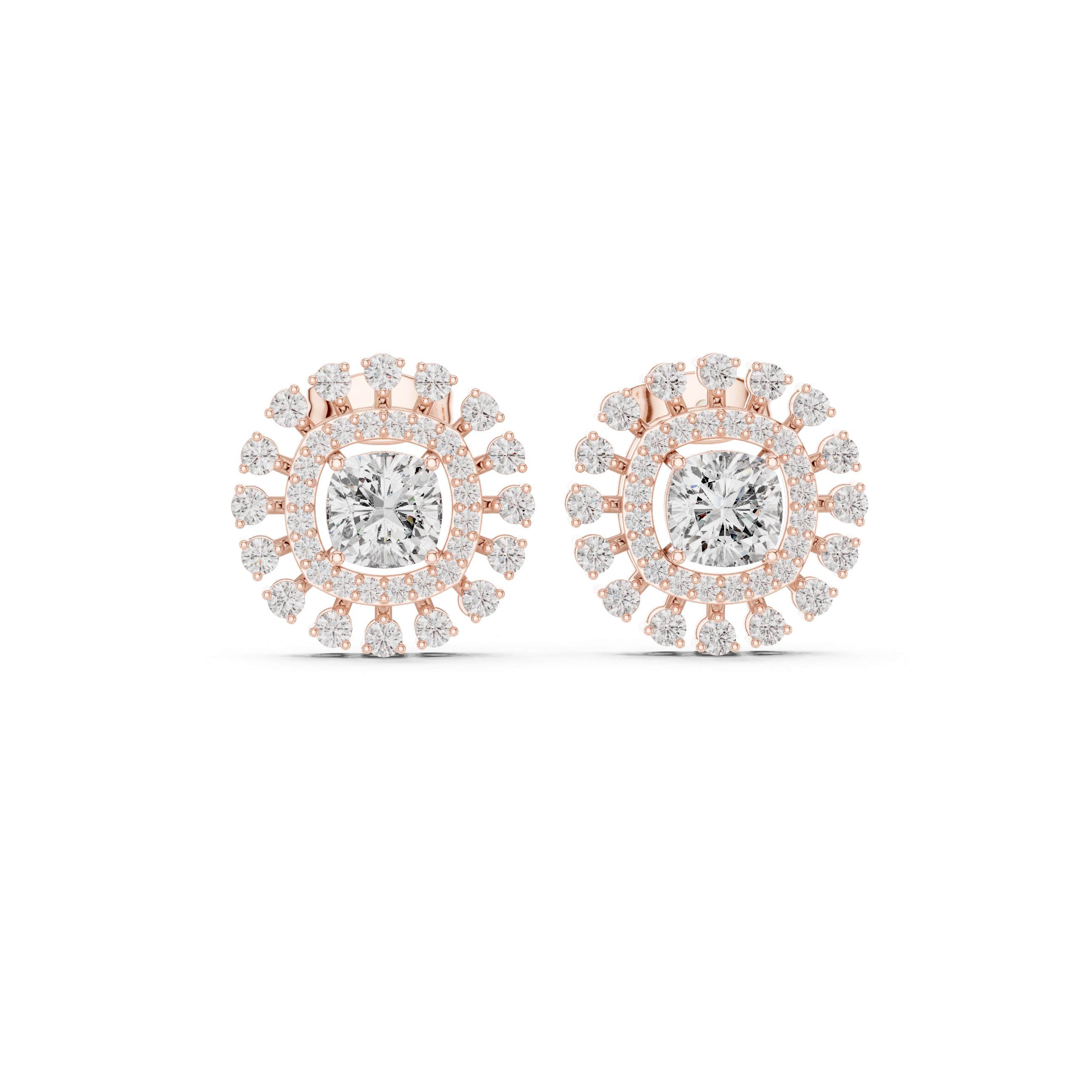 Cushion Halo Sunburst Diamond Stud Earrings with Double Pavé Frame