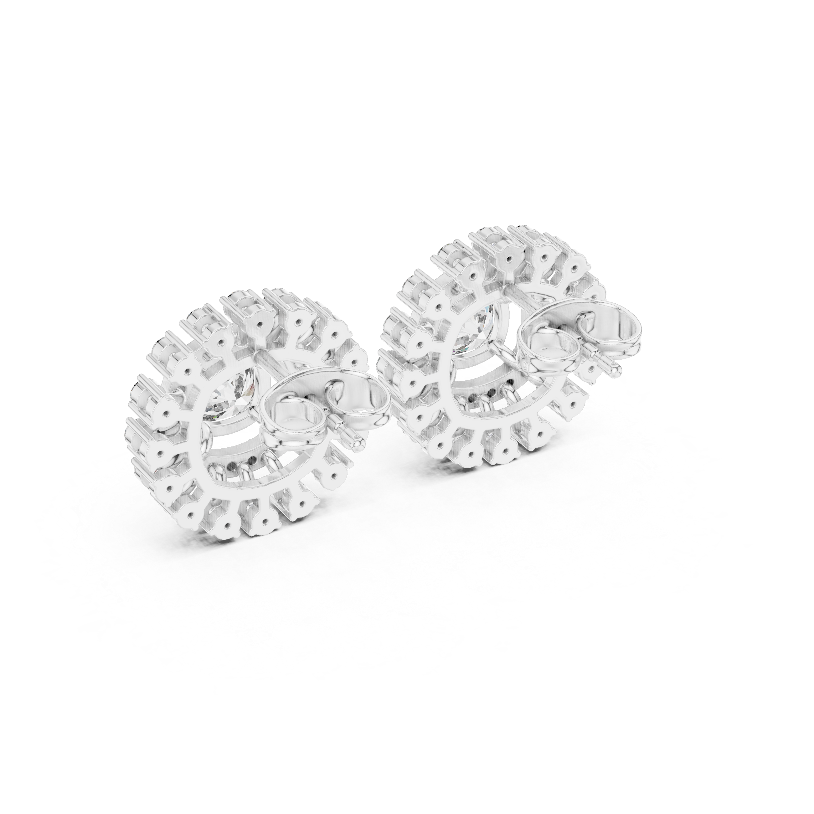 Cushion Halo Sunburst Diamond Stud Earrings with Double Pavé Frame