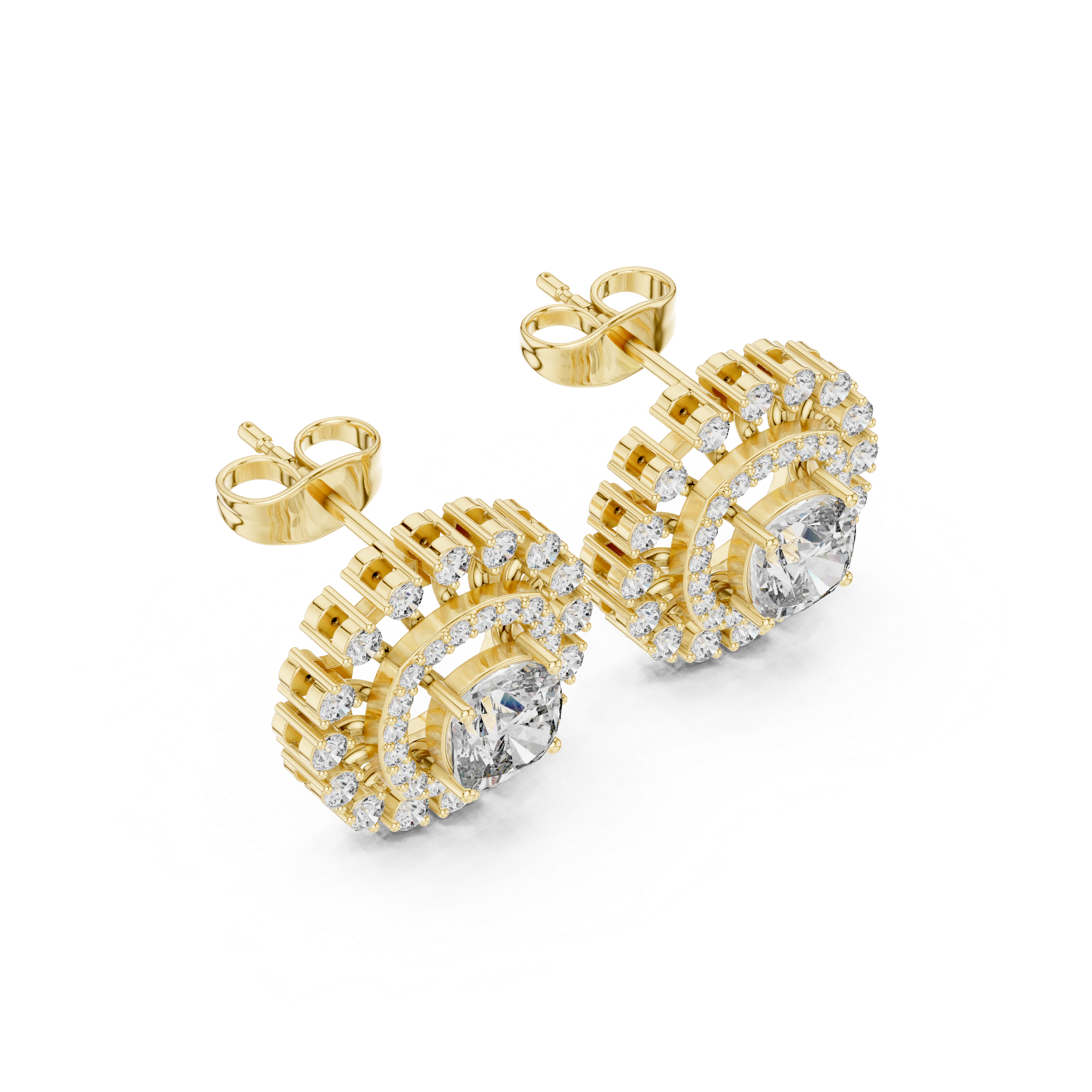 Cushion Halo Sunburst Diamond Stud Earrings with Double Pavé Frame