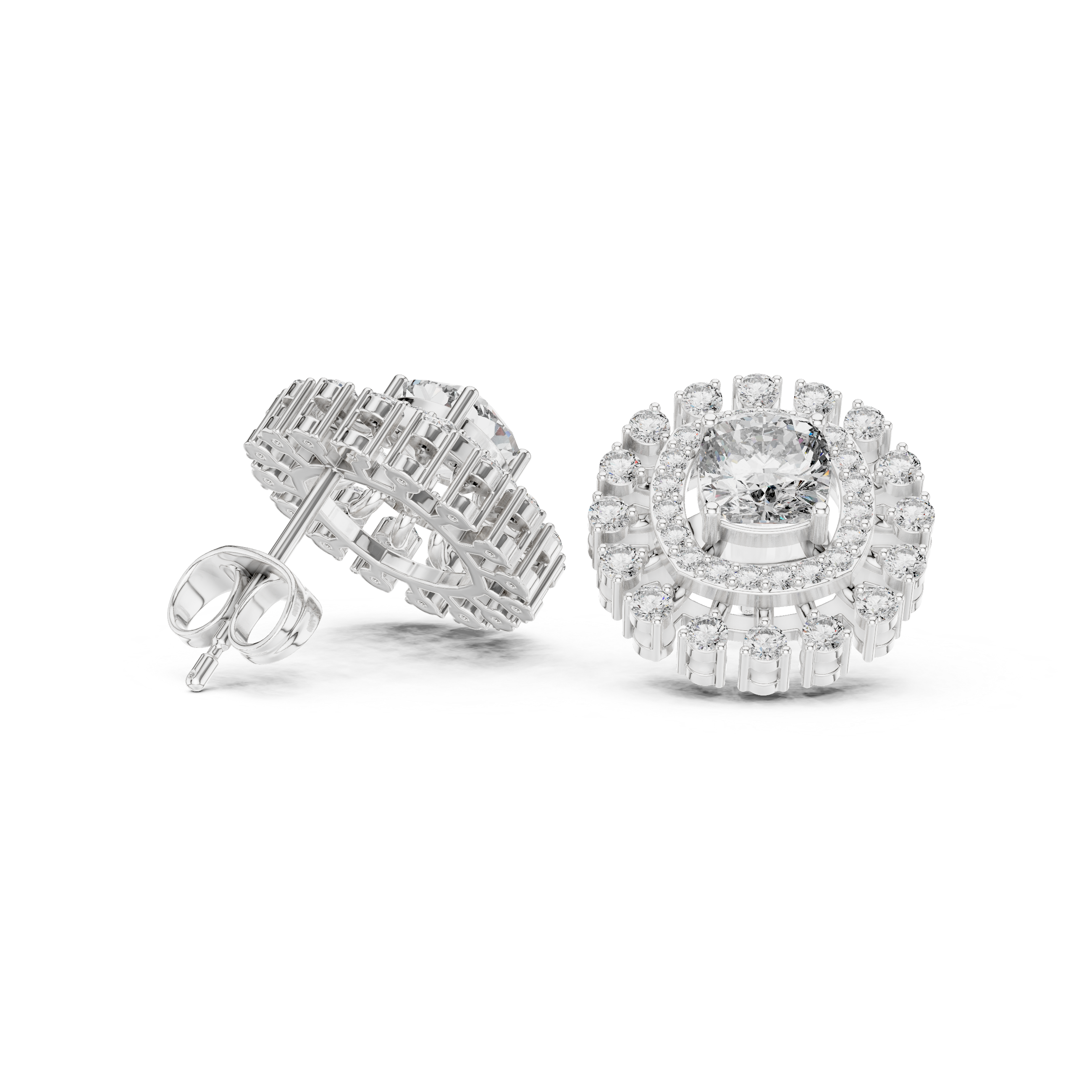 Cushion Halo Sunburst Diamond Stud Earrings with Double Pavé Frame
