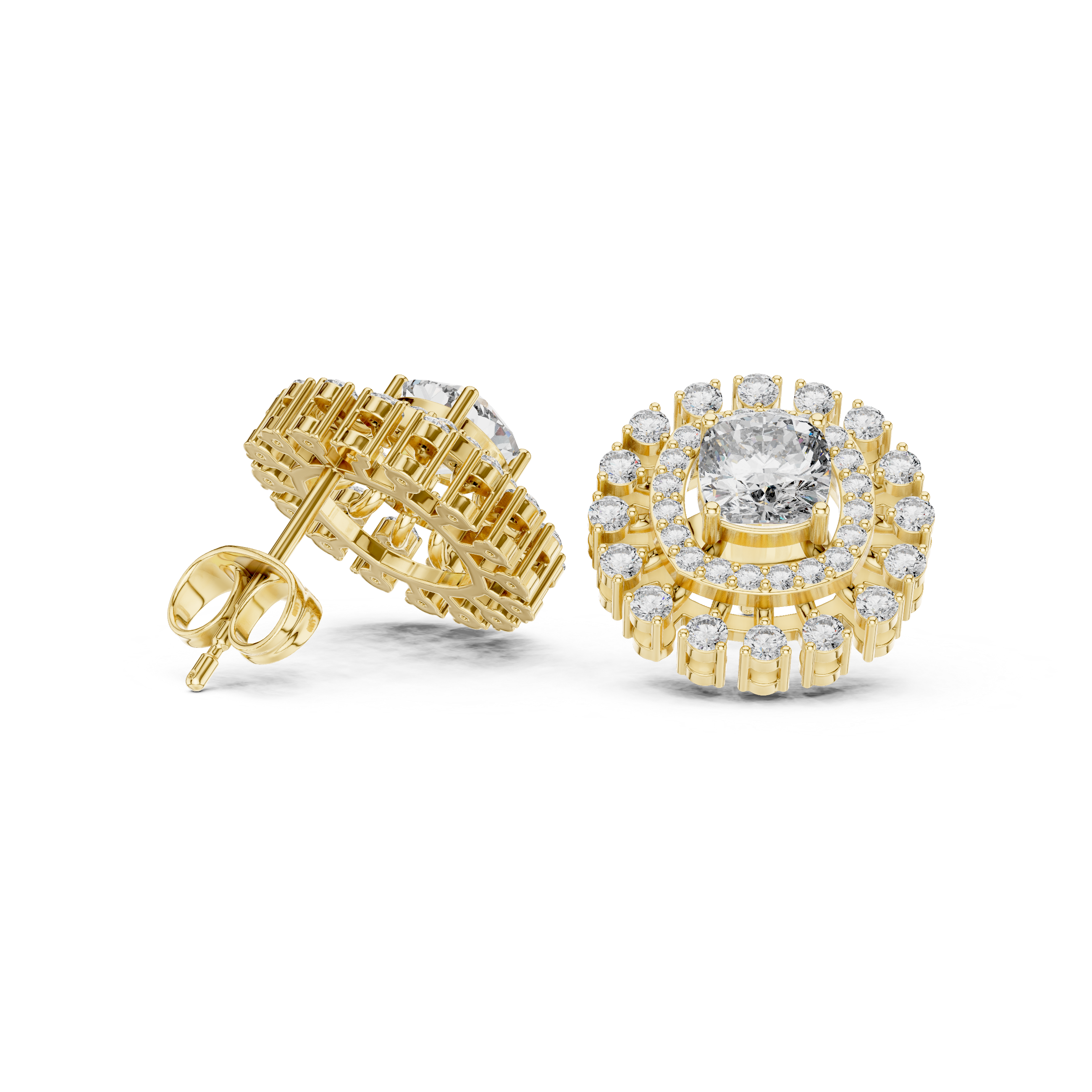 Cushion Halo Sunburst Diamond Stud Earrings with Double Pavé Frame