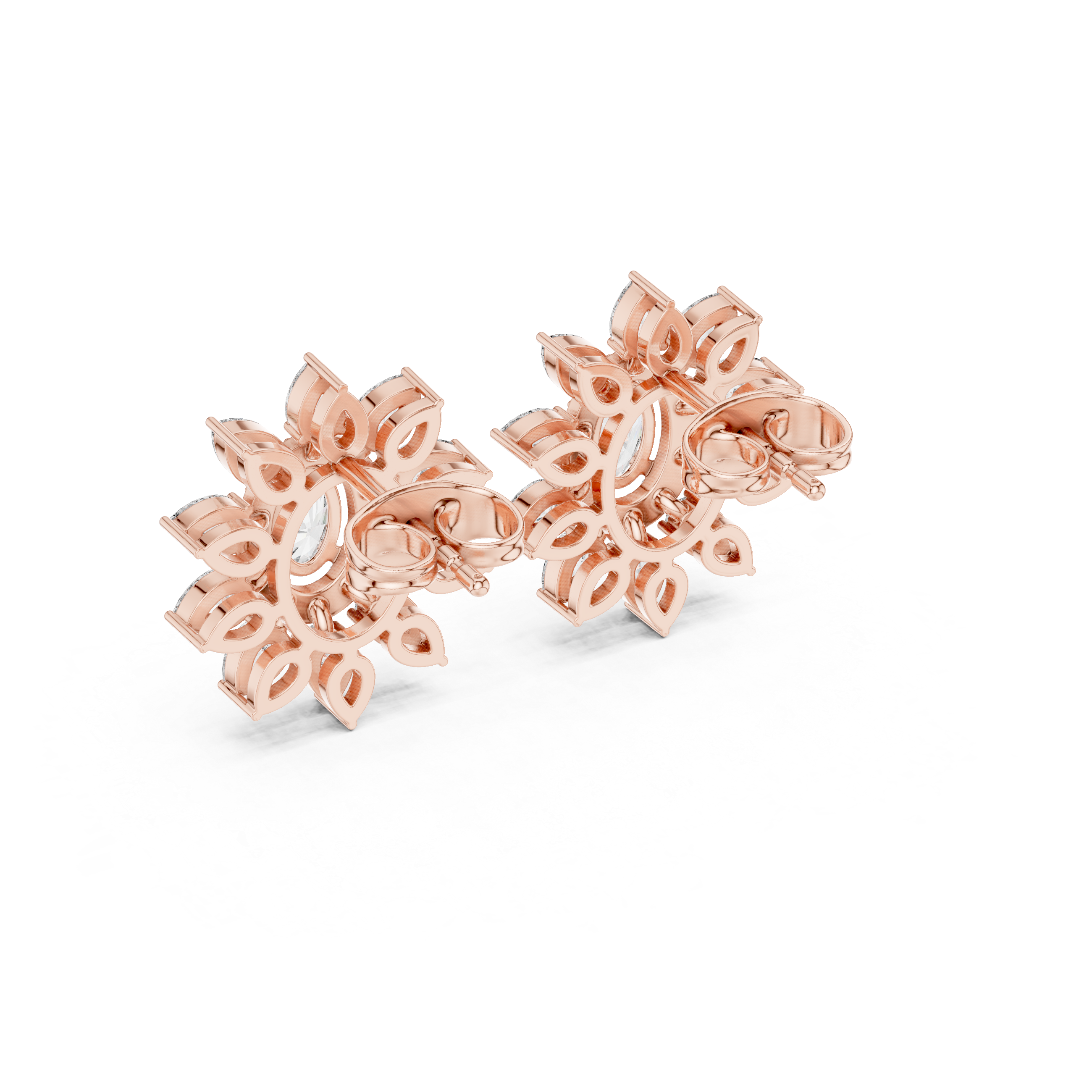 Oval Halo Floral Diamond Stud Earrings with Pear Petal Cluster