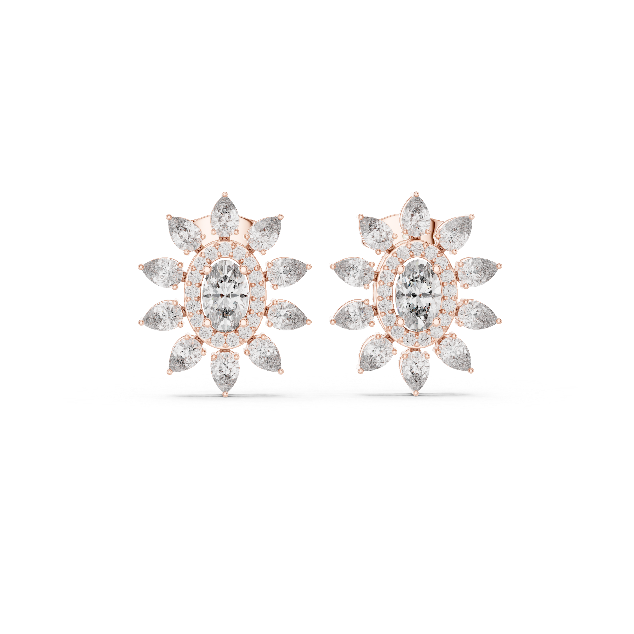 Oval Halo Floral Diamond Stud Earrings with Pear Petal Cluster