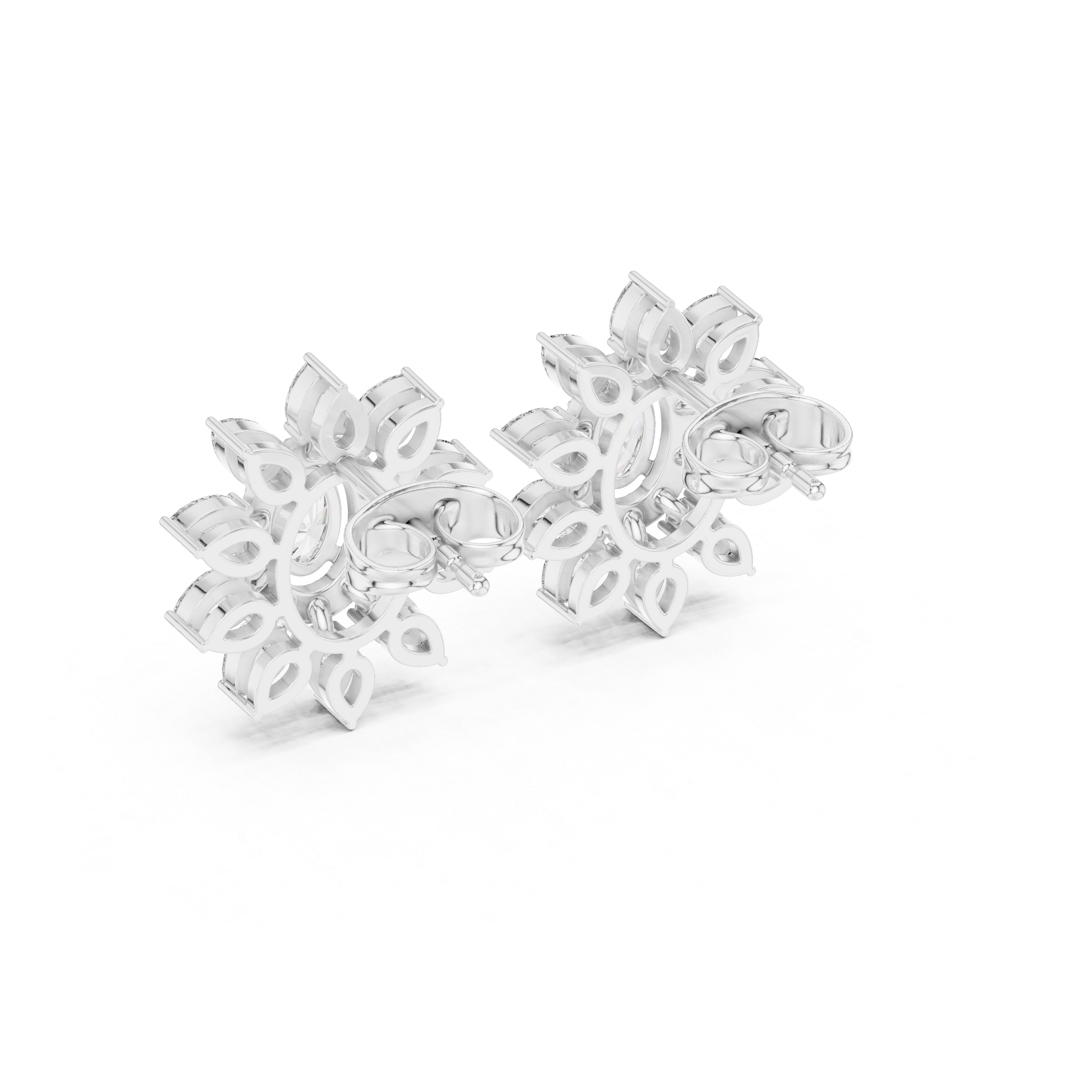 Oval Halo Floral Diamond Stud Earrings with Pear Petal Cluster