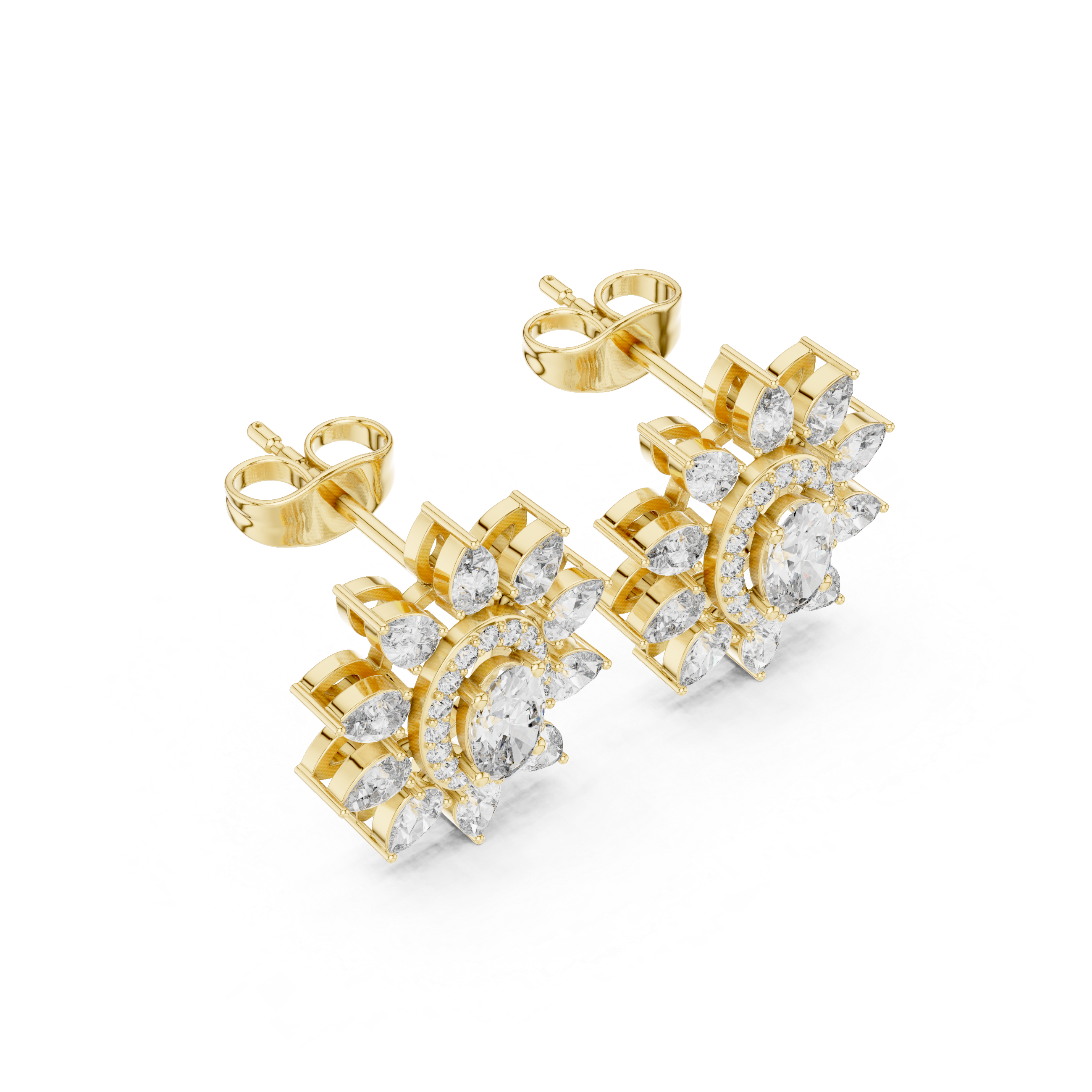 Oval Halo Floral Diamond Stud Earrings with Pear Petal Cluster