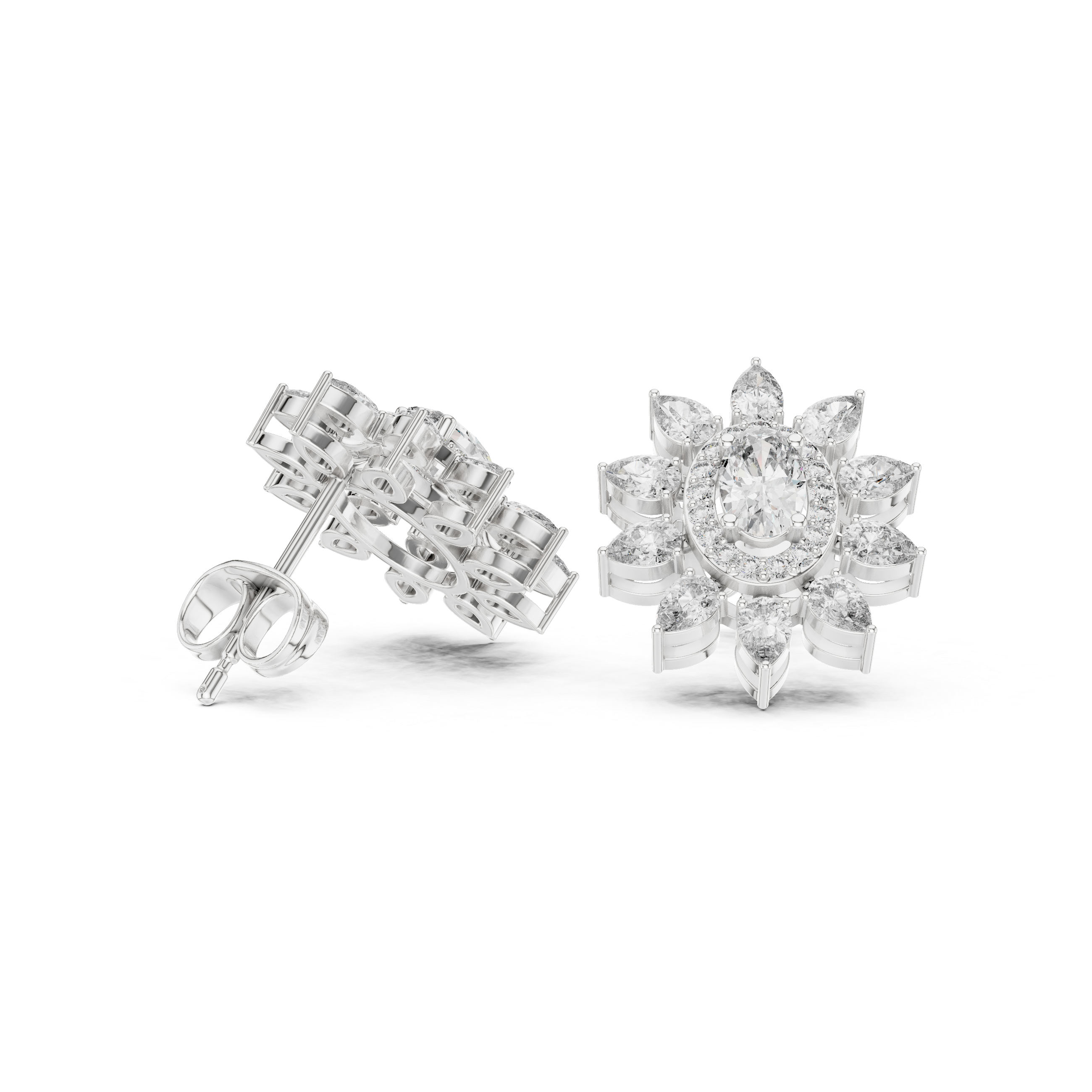 Oval Halo Floral Diamond Stud Earrings with Pear Petal Cluster