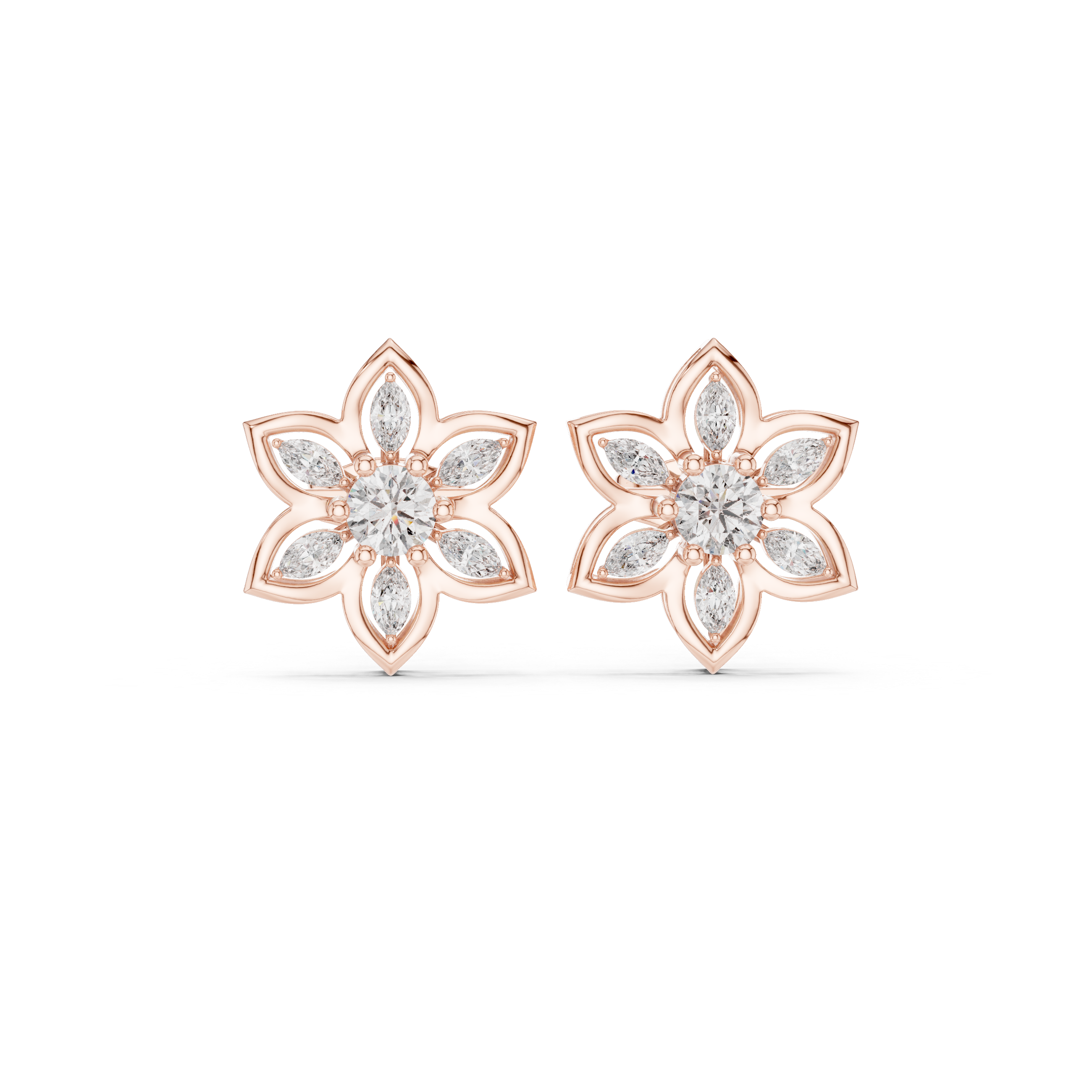 Floral Diamond Cluster Stud Earrings – Marquise & Round Petal Design