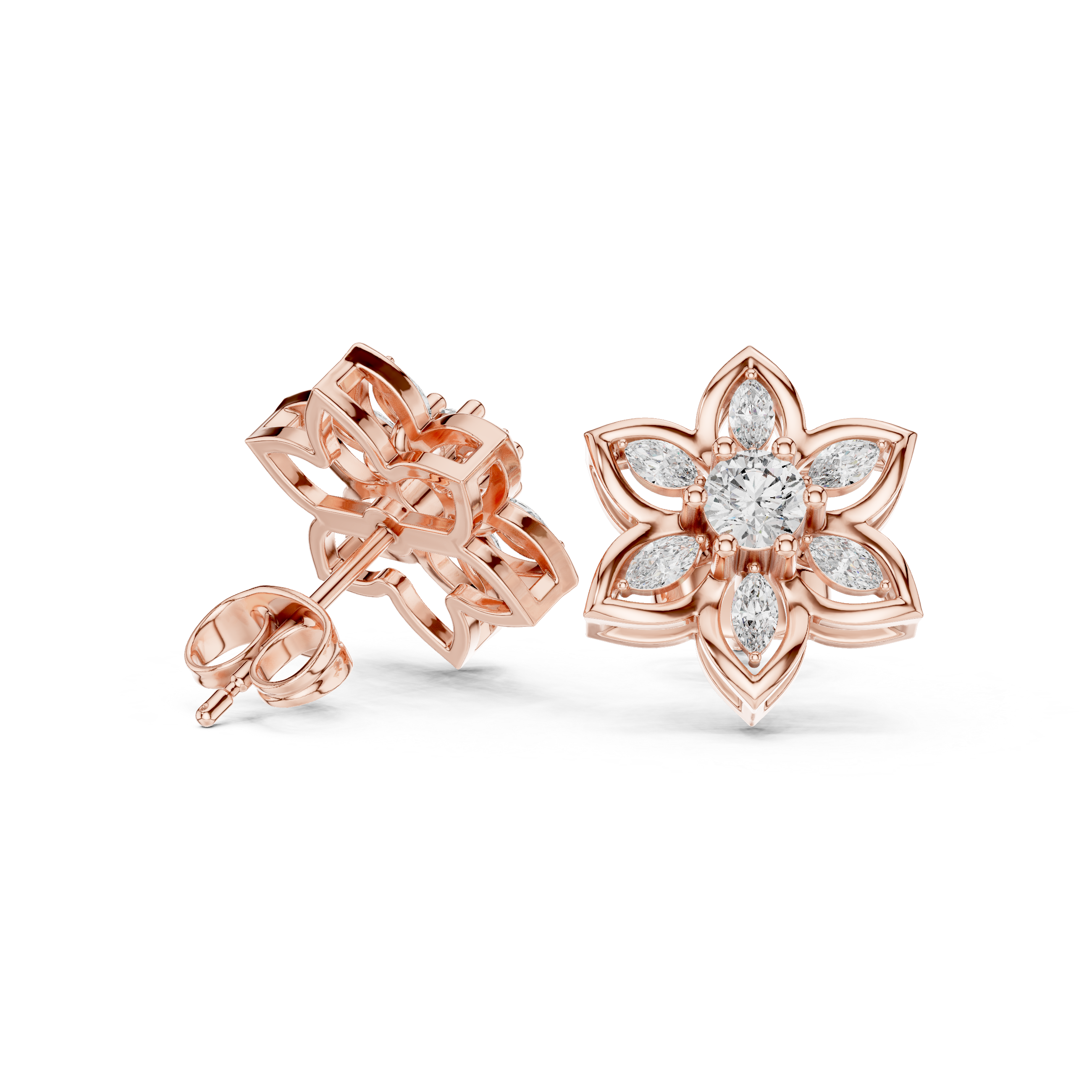 Floral Diamond Cluster Stud Earrings – Marquise & Round Petal Design