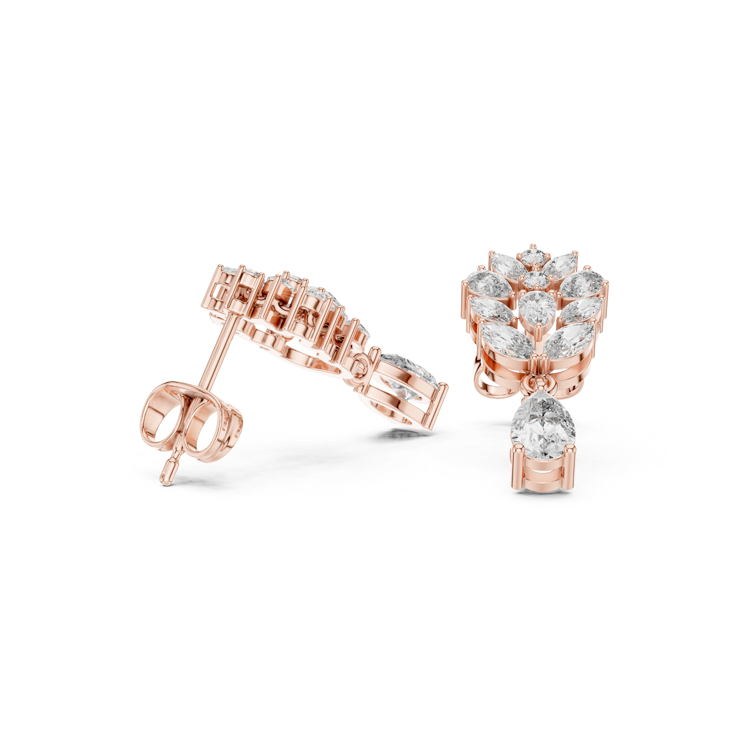 Marquise & Pear Cut Diamond Drop Earrings – Floral Cluster Design