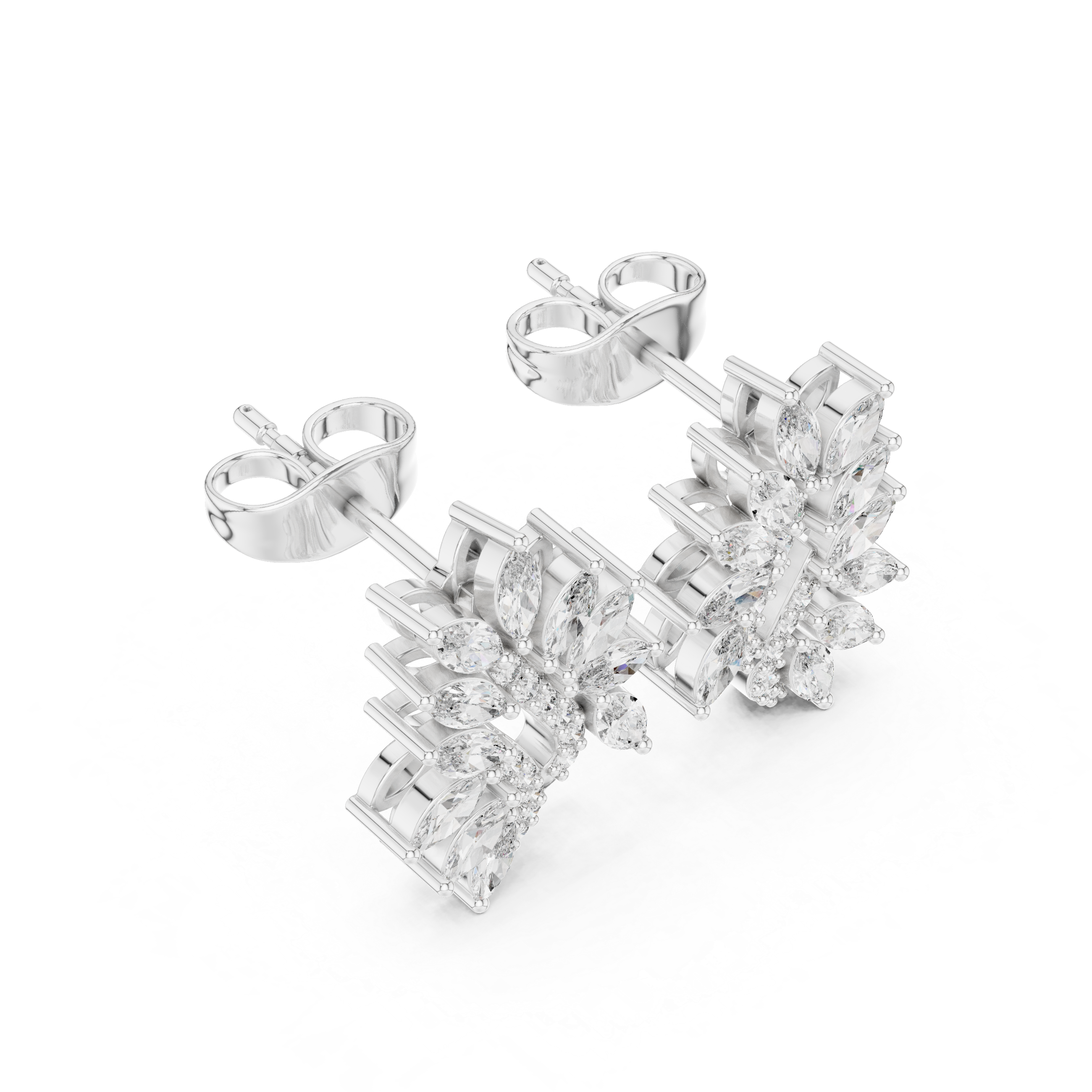 Flowing Marquise Diamond Leaf Drop Stud Earrings