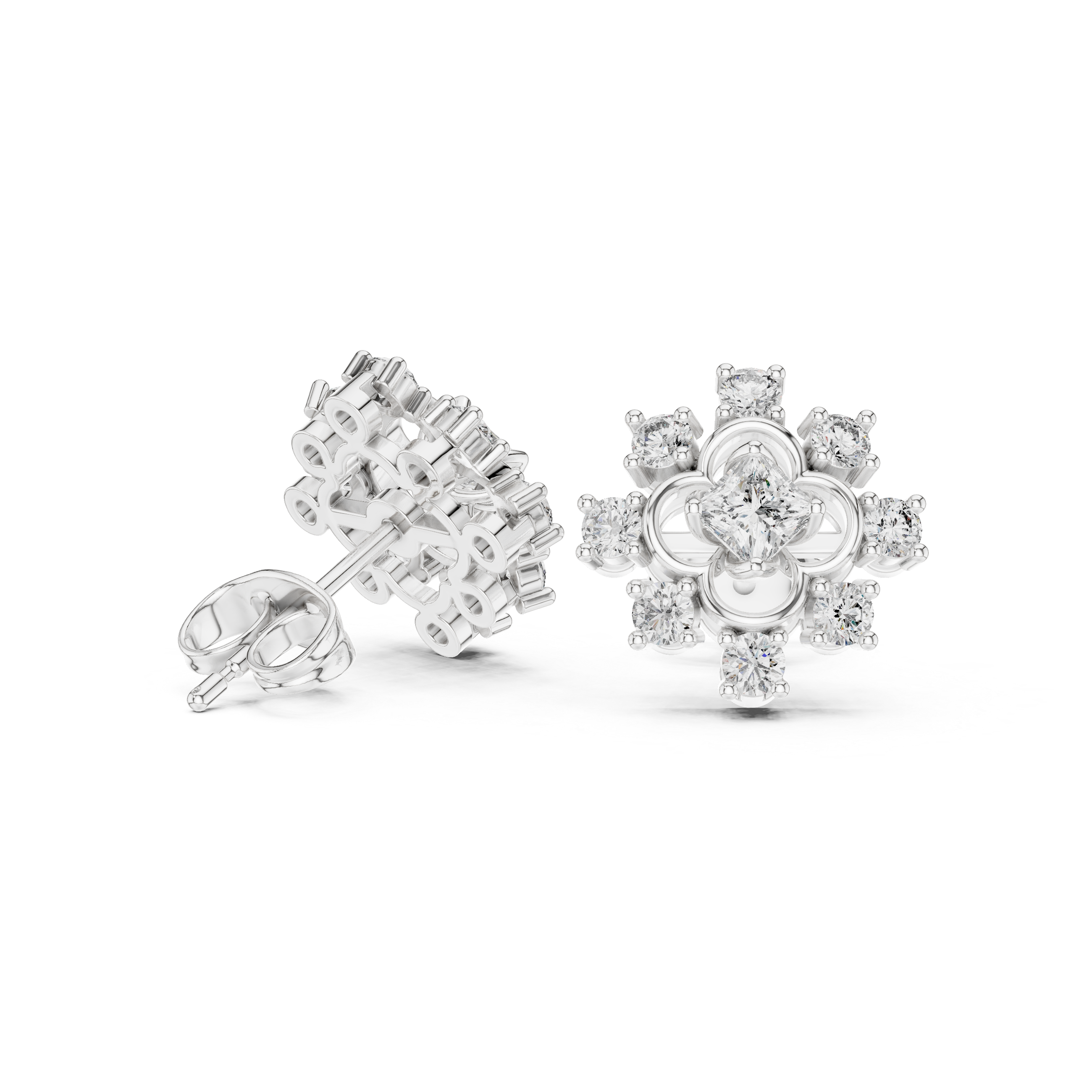 Geometric Floral Princess Cut Diamond Stud Earrings