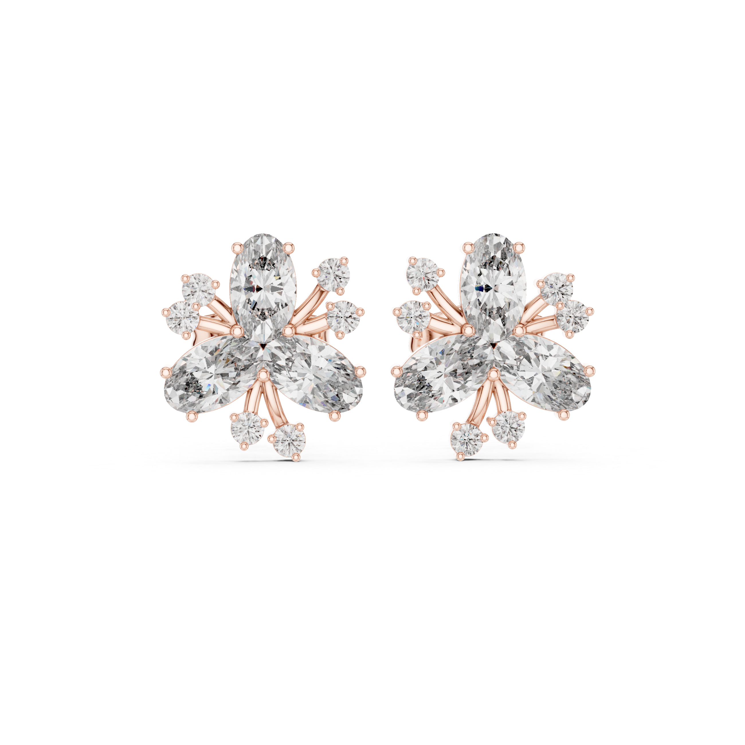 Oval Floral Diamond Cluster Stud Earrings