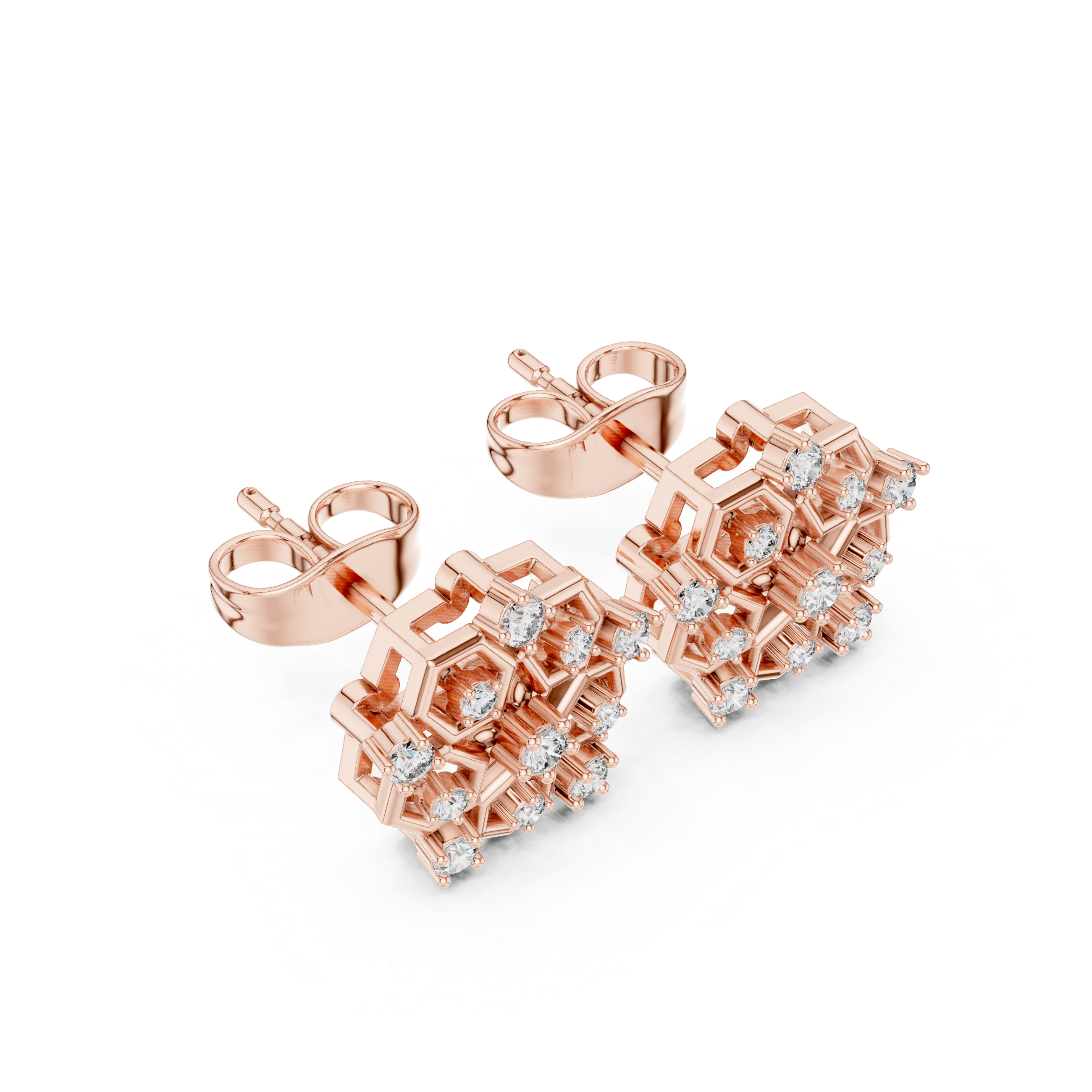 Hexagon Honeycomb Diamond Cluster Stud Earrings