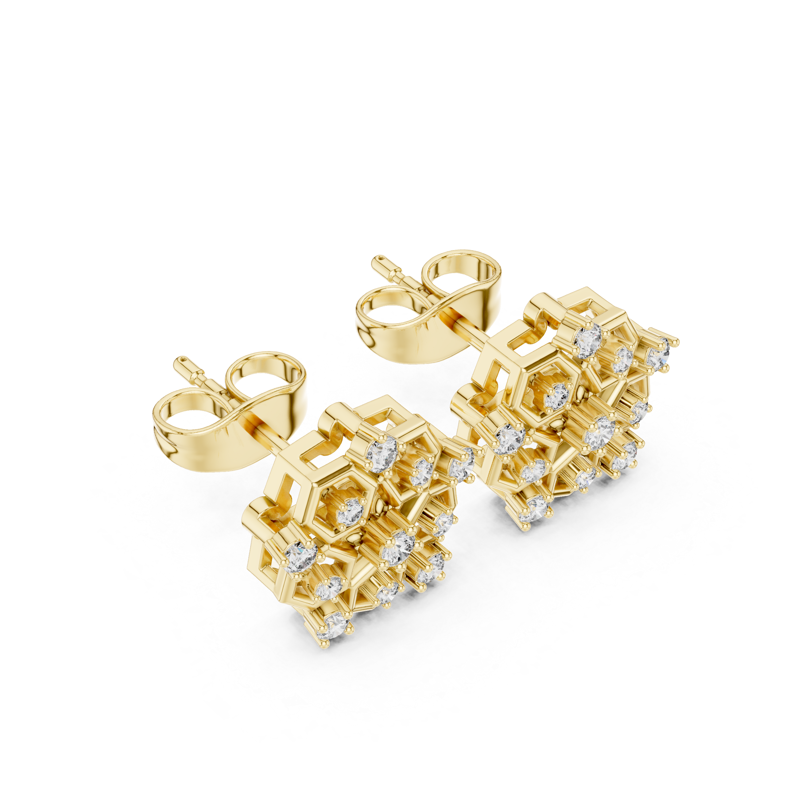 Hexagon Honeycomb Diamond Cluster Stud Earrings