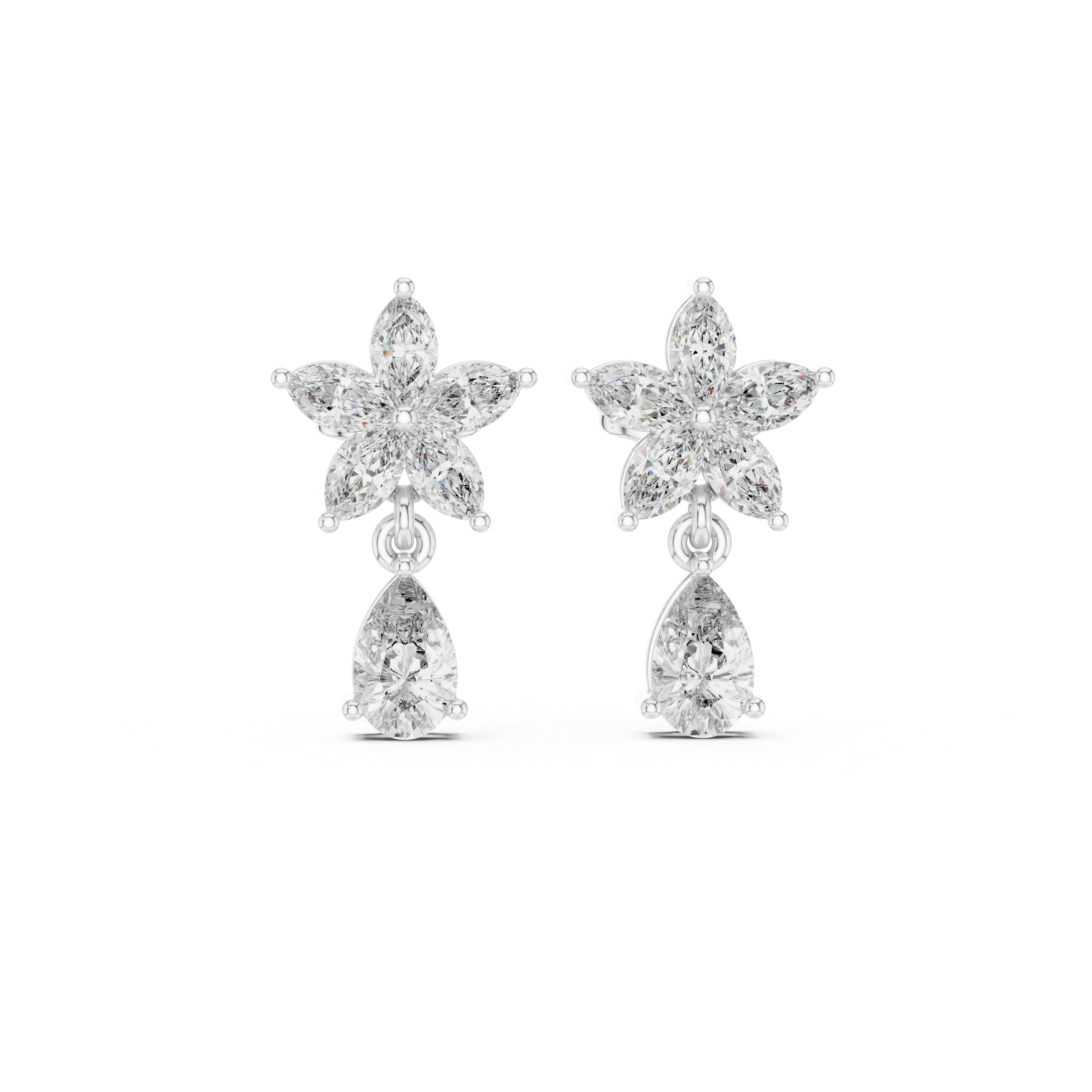 Floral Marquise Diamond Drop Earrings with Pear Cut Dangle