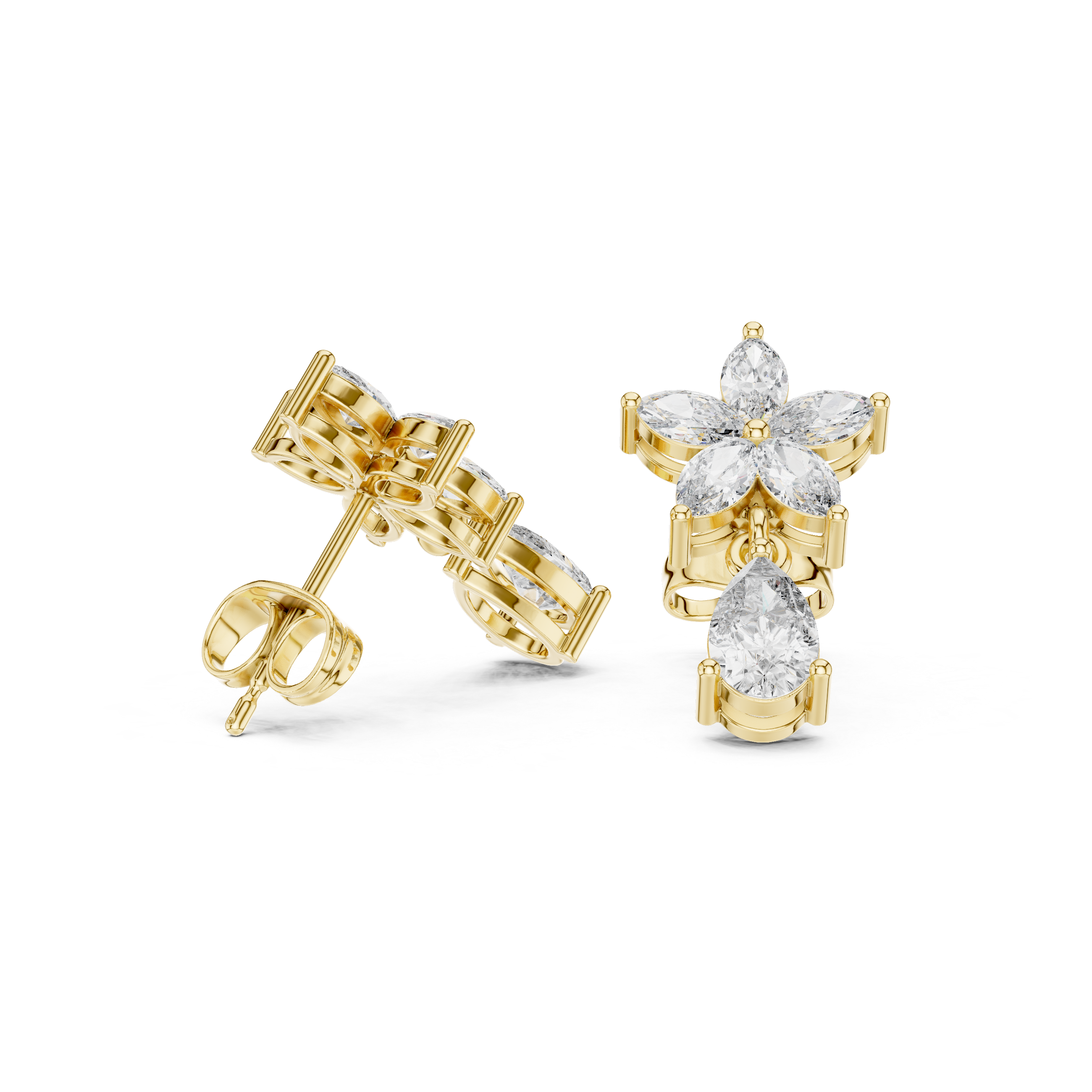 Floral Marquise Diamond Drop Earrings with Pear Cut Dangle