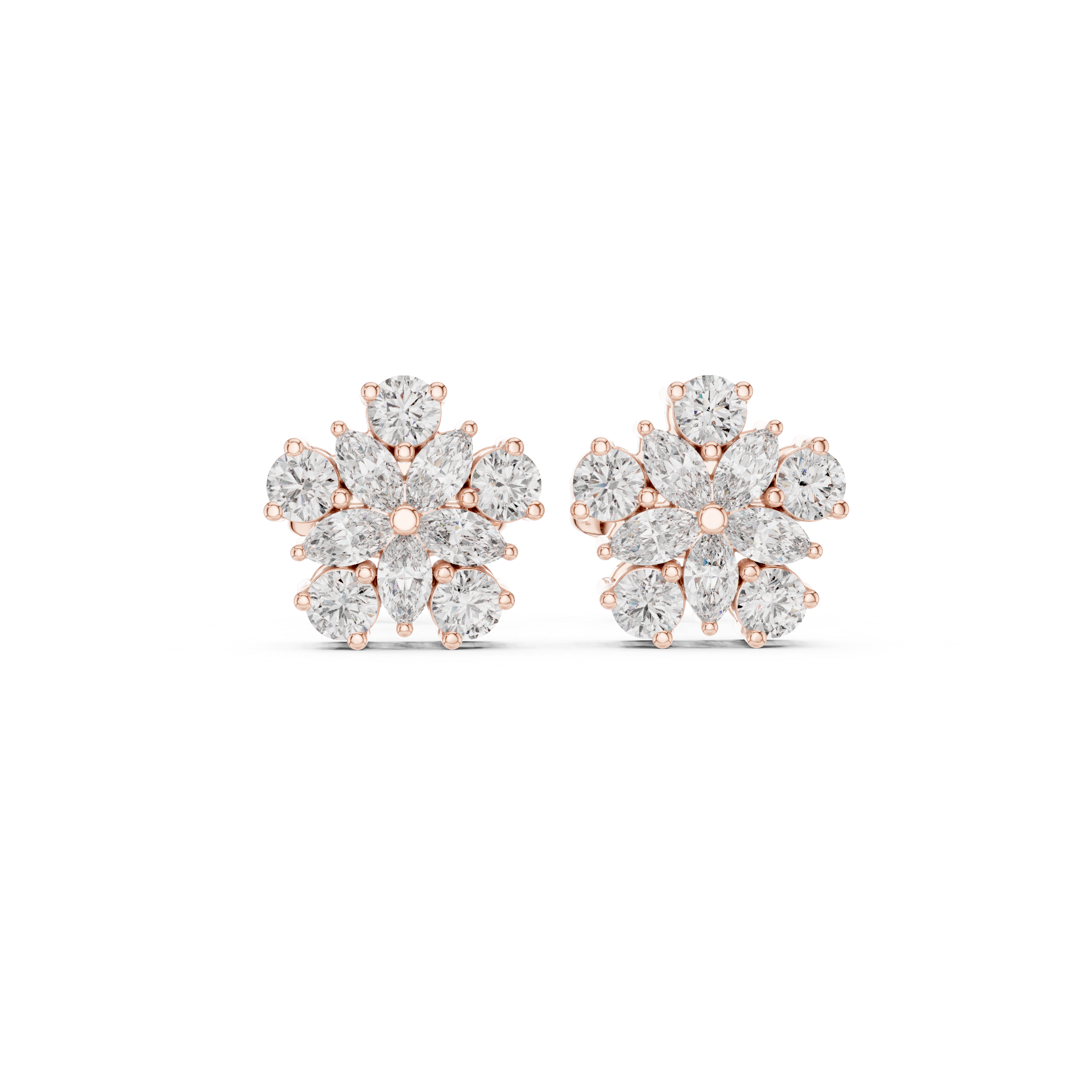 Marquise & Round Diamond Floral Cluster Stud Earrings