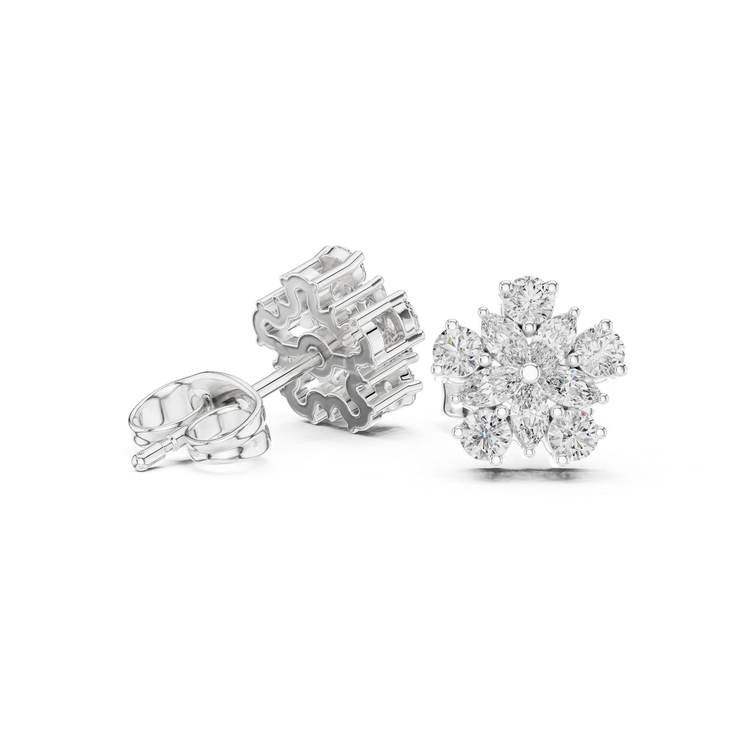Marquise & Round Diamond Floral Cluster Stud Earrings