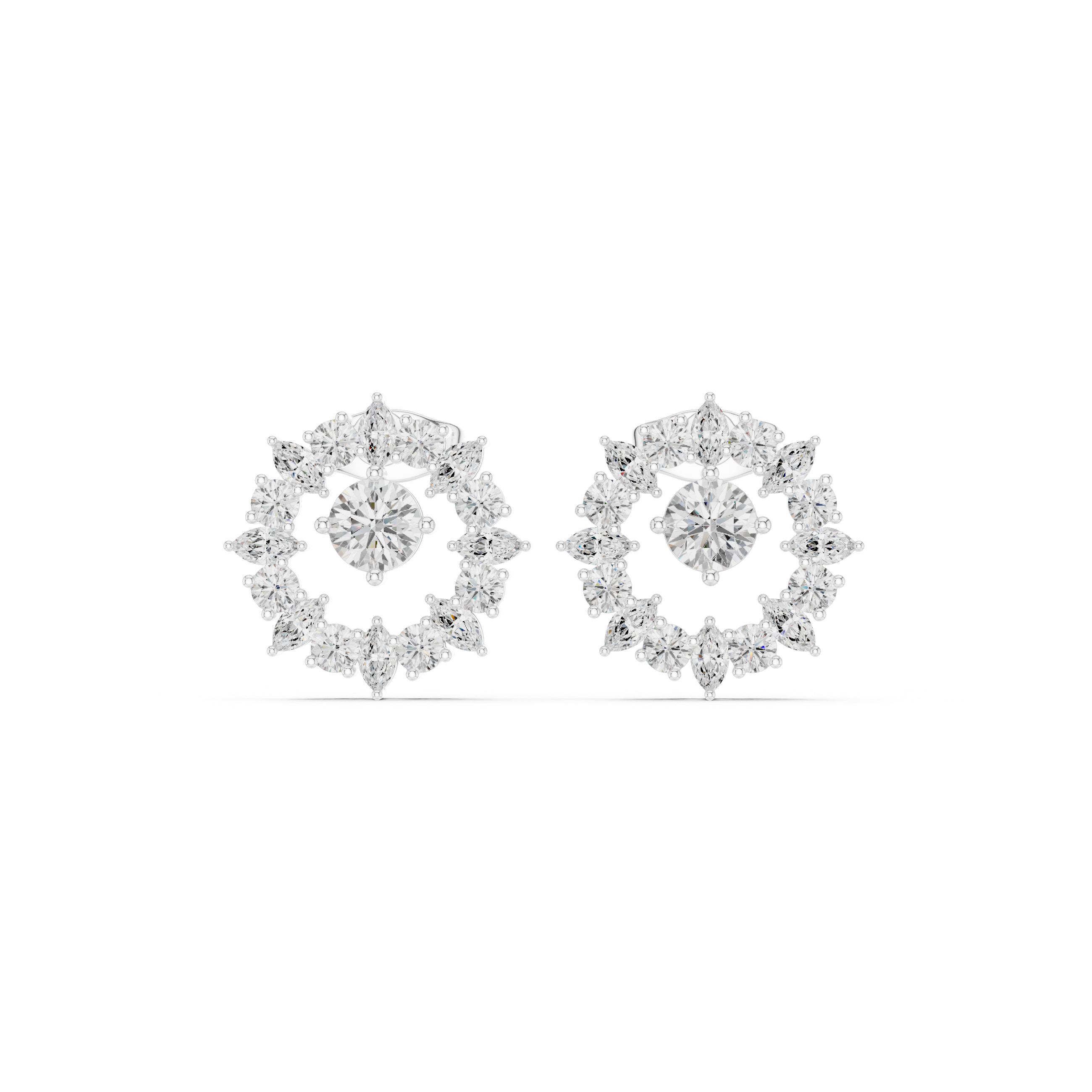 Halo Circle Diamond Stud Earrings with Marquise Accents