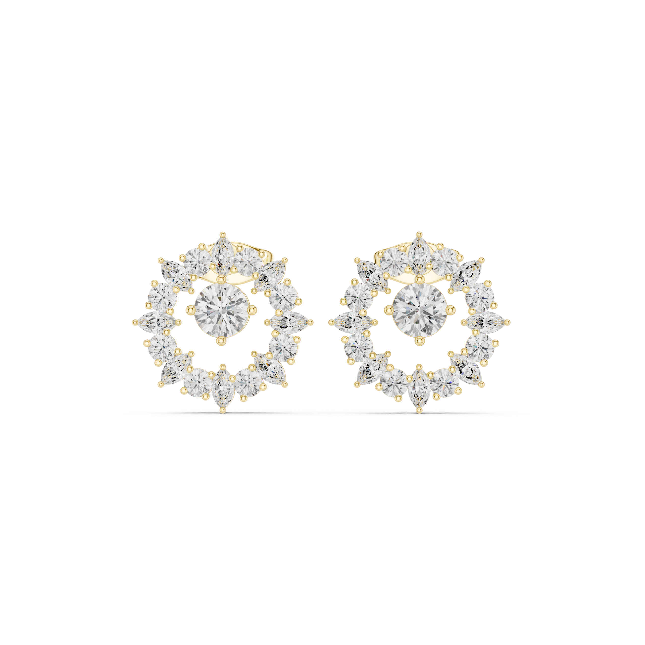 Halo Circle Diamond Stud Earrings with Marquise Accents
