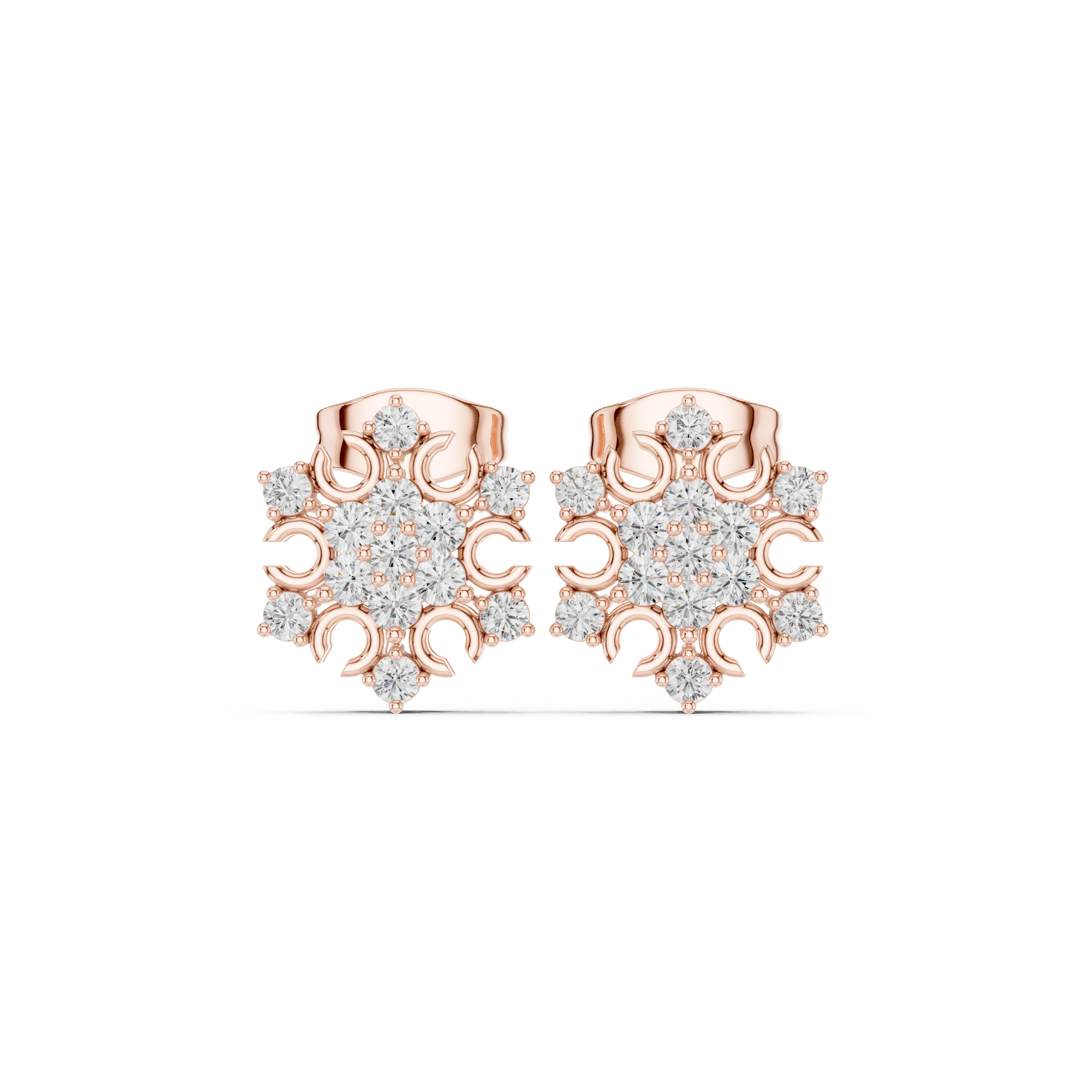 Ornate Floral Diamond Cluster Stud Earrings with Openwork Detail