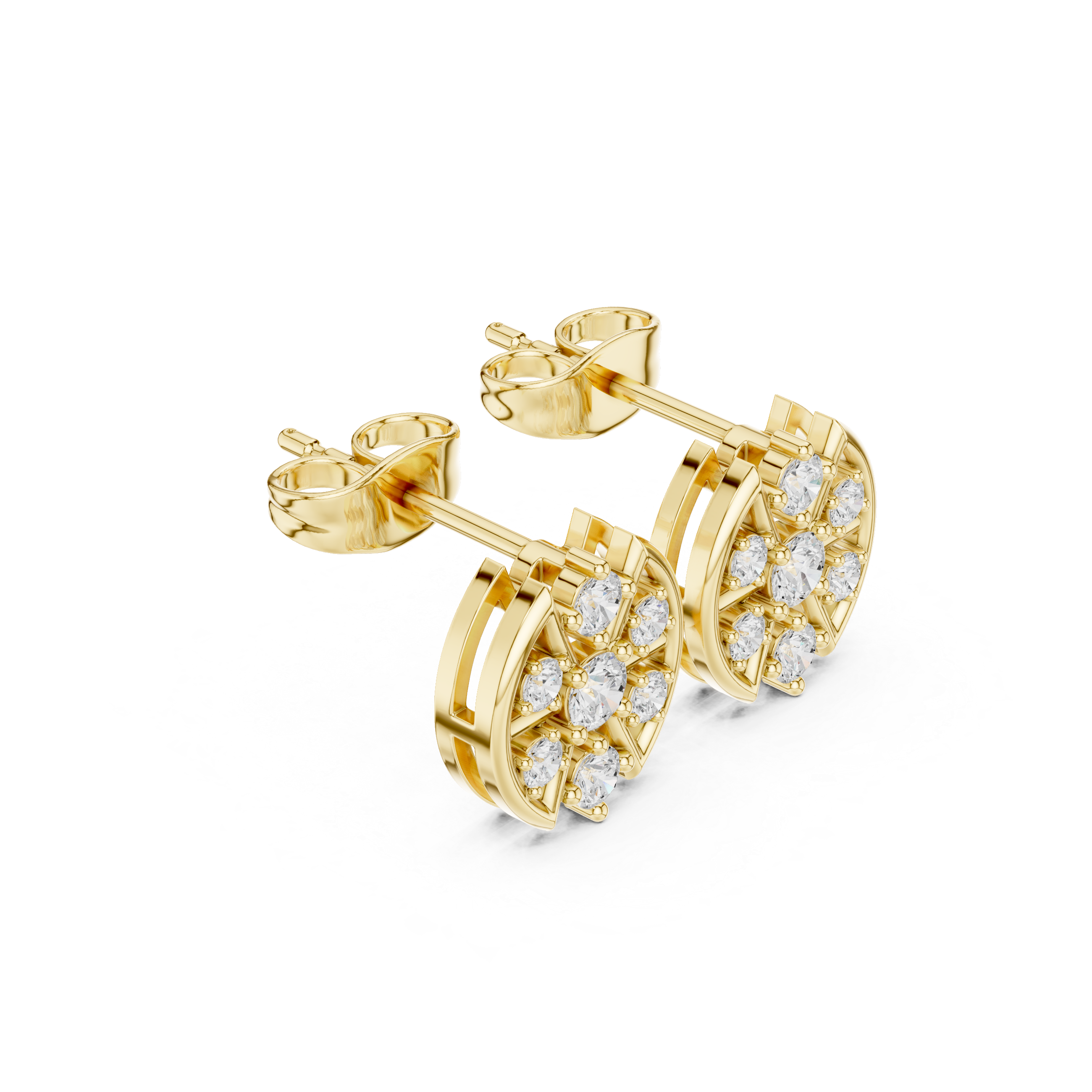 Round Diamond Cluster Stud Earrings with Openwork Petal Frame