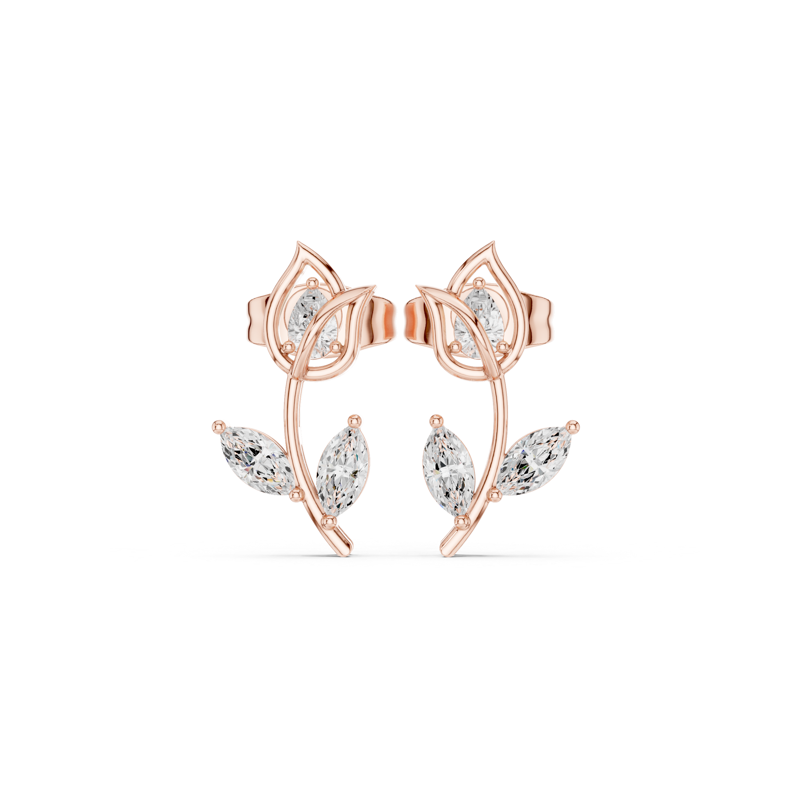 Minimalist Leaf Motif Marquise & Pear Diamond Stud Earrings